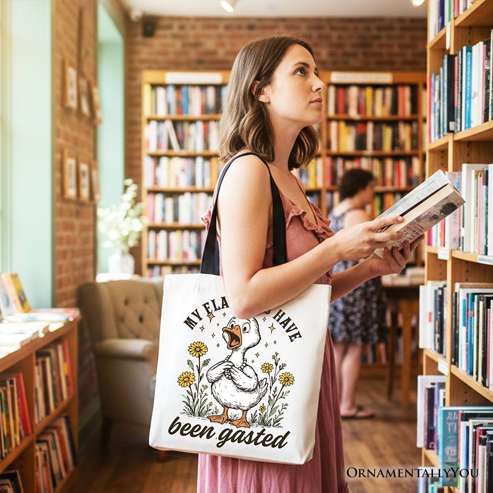 White tote bag by OrnamentallyYou with humorous "My Flabbers Have Been Gasted" goose design, perfect for gift shopping.
