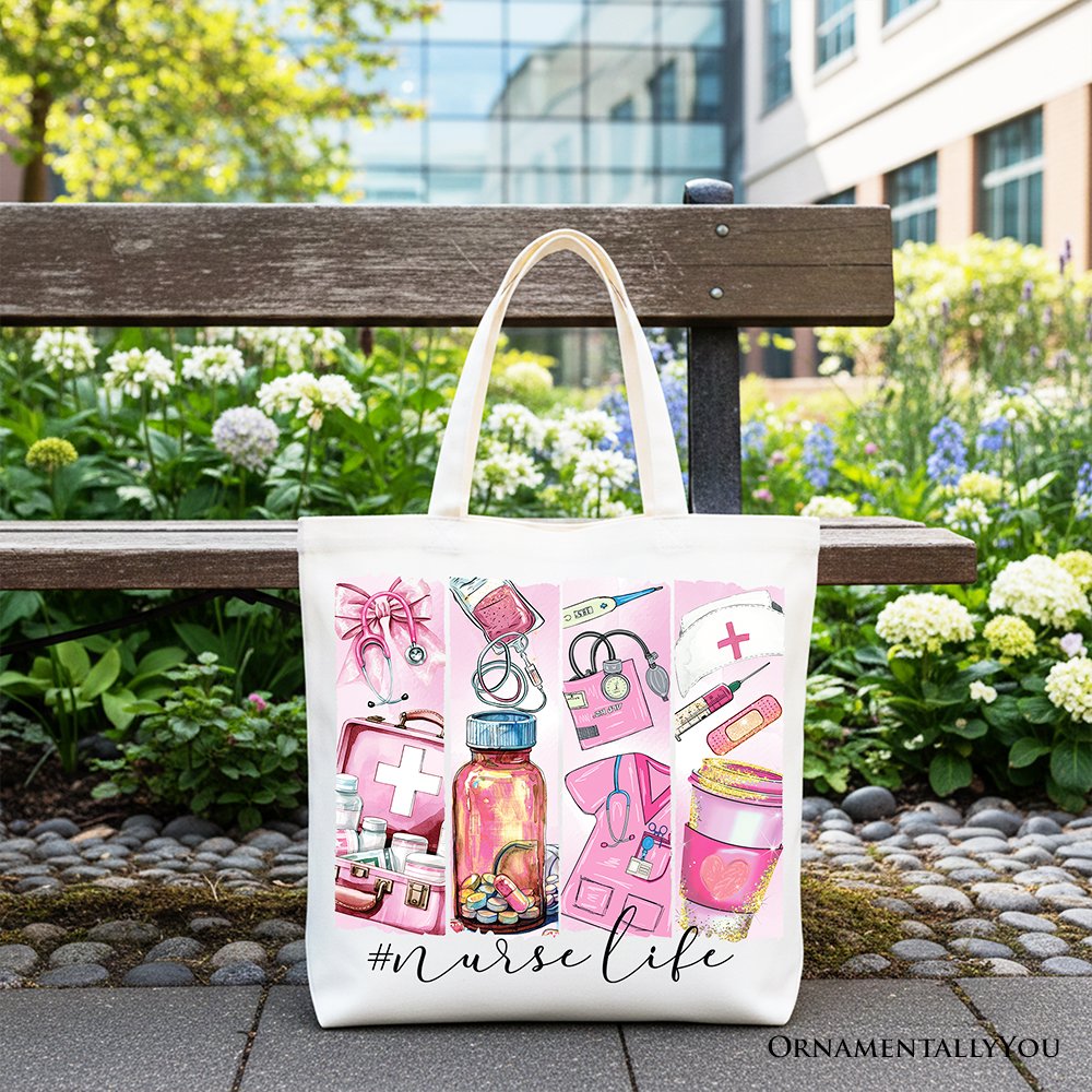 White Nurse Life canvas tote bag by OrnamentallyYou with medical essentials design, perfect gift for coquette nurses.