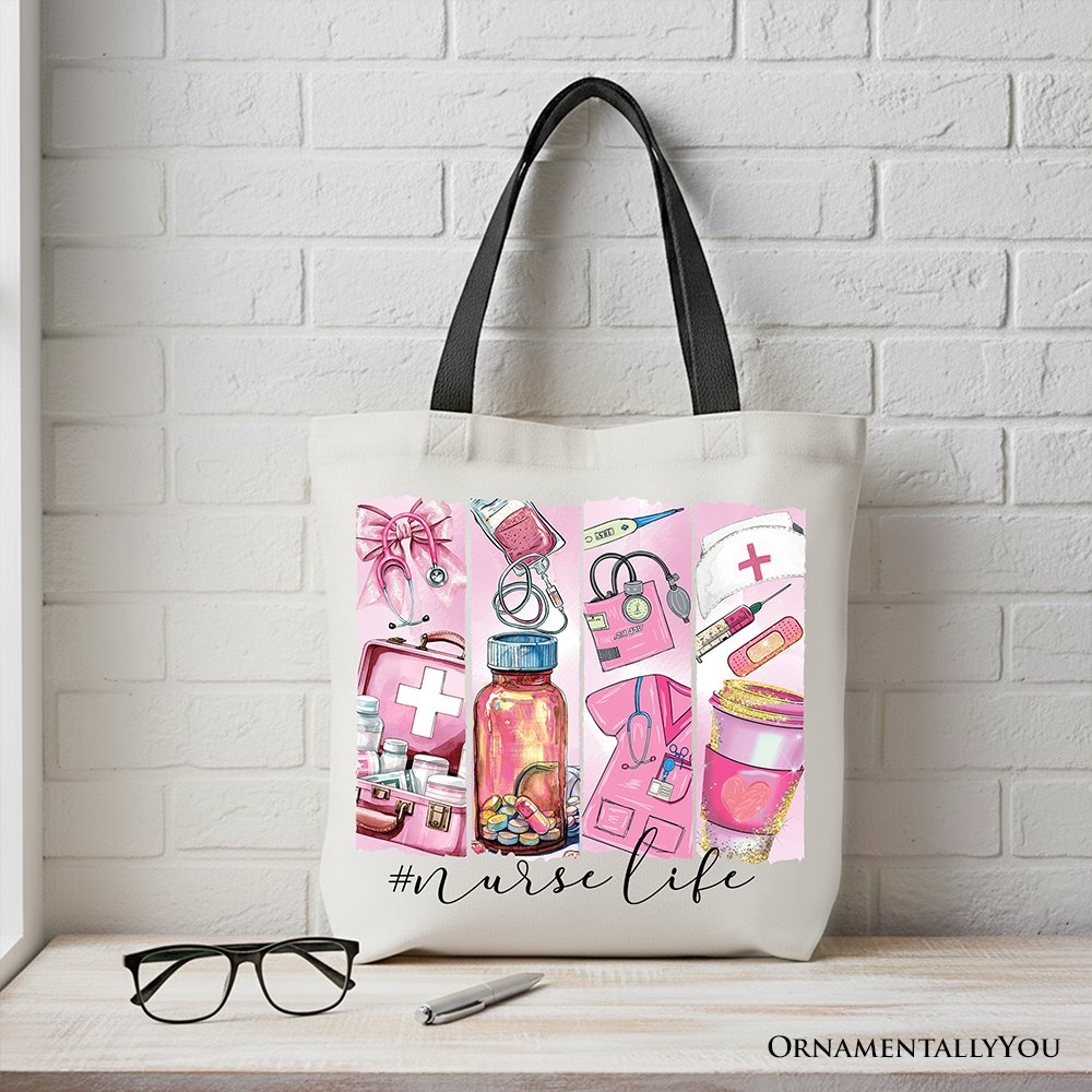 White Nurse Life canvas tote bag by OrnamentallyYou featuring medical essentials design, perfect for coquette nurses.