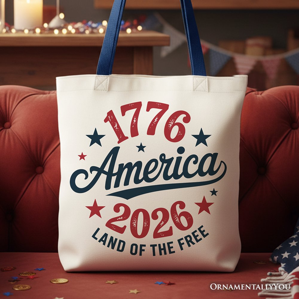 White patriotic America tote bag with 1776-2026 Land of the Free design, perfect for Independence Day celebrations.
