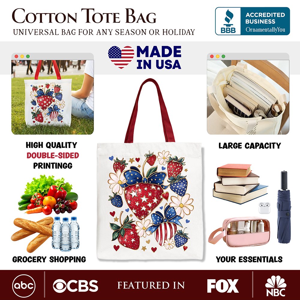 White tote bag with patriotic boho strawberries bouquet design, festive patch, made by OrnamentallyYou, perfect for 4th of July celebrations.