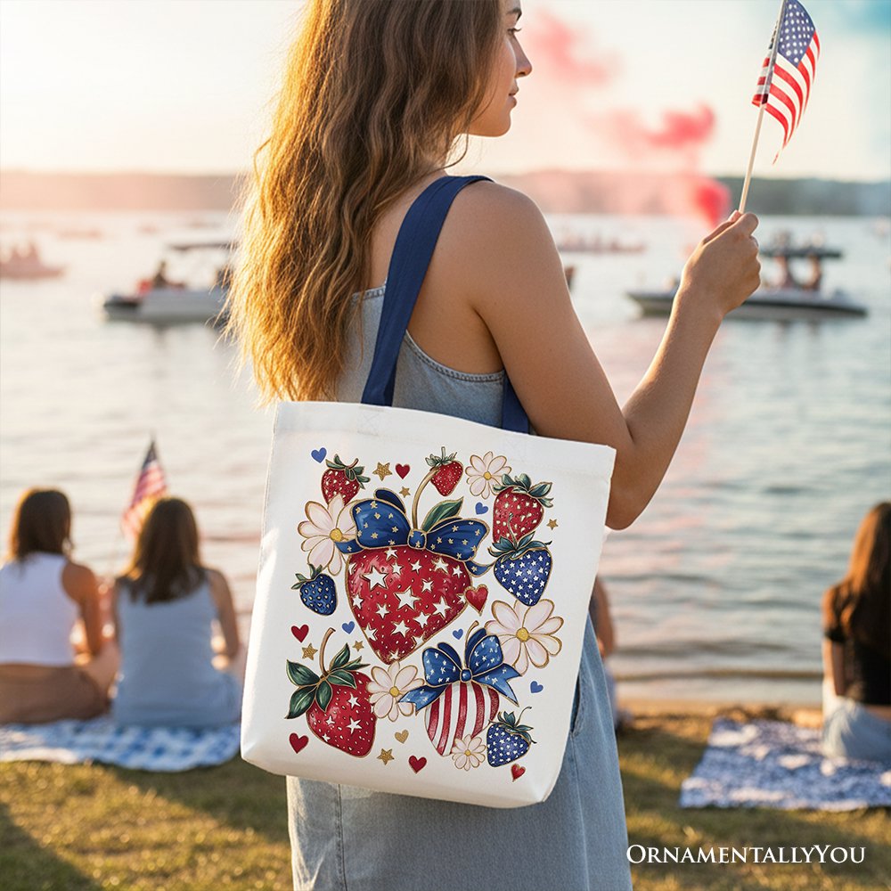 White patriotic tote bag with boho strawberries bouquet design, festive patch, canvas material, suitable for 4th of July celebrations.
