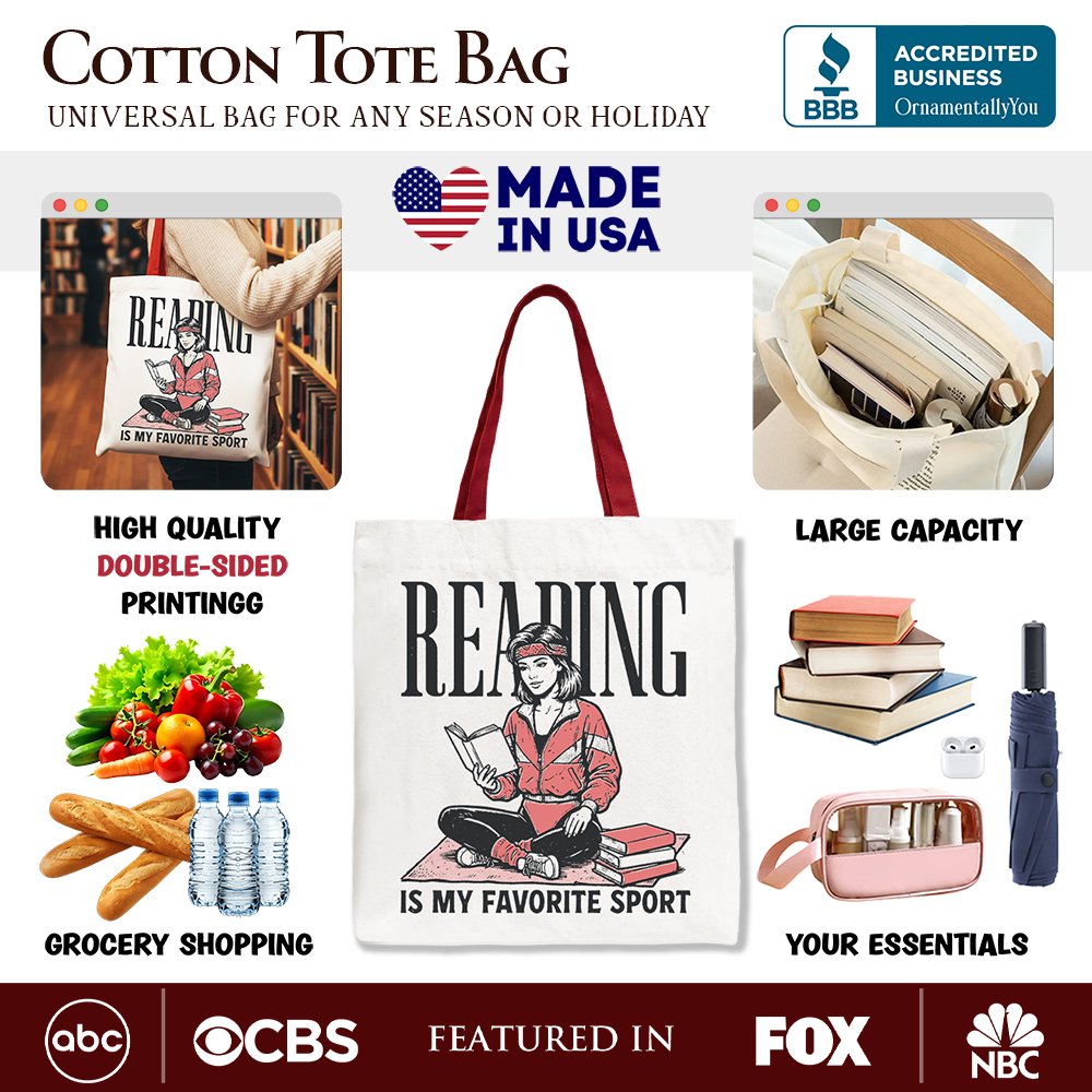 White canvas tote bag with "Reading Is My Favorite Sport" bookworm design, perfect for bibliophiles and book lovers.