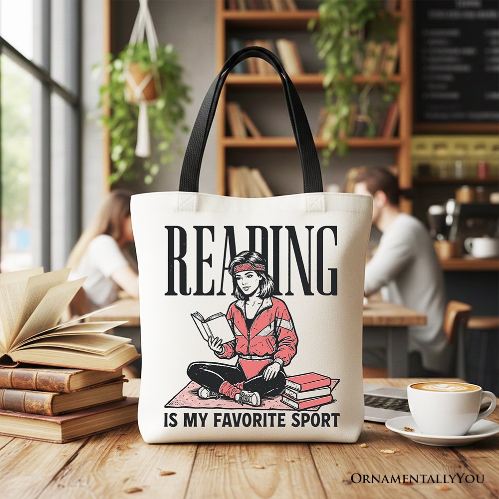 White canvas tote bag with "Reading Is My Favorite Sport" bookworm design, ideal for bibliophiles and book lovers.