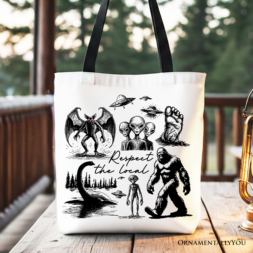 White Canvas Tote Bag featuring Respect The Local Cryptid Squad with Bigfoot, Mothman, and alien meme design by OrnamentallyYou.