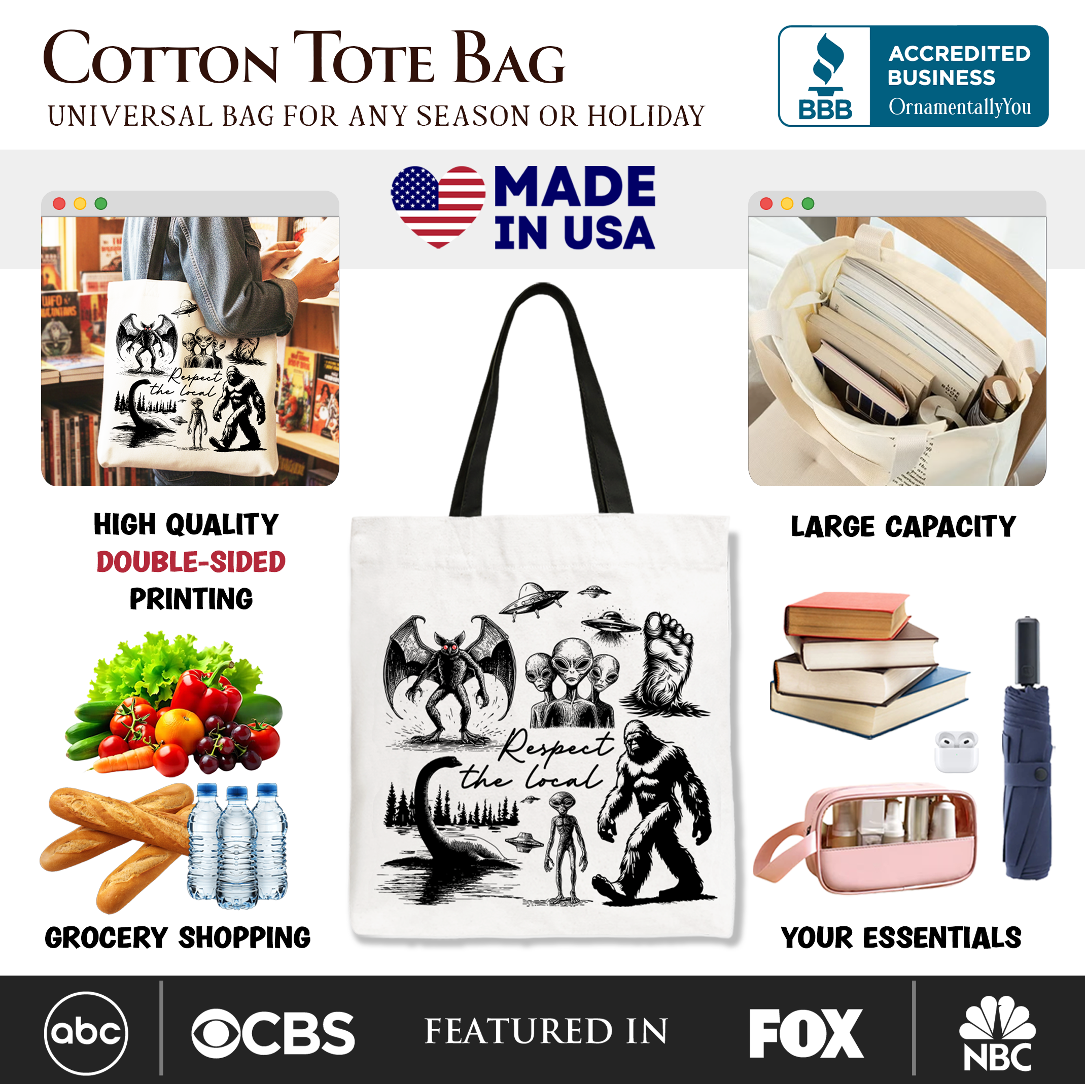 White canvas tote bag from OrnamentallyYou featuring a "Respect The Local Cryptid Squad" design with Bigfoot, Mothman, and alien illustrations.
