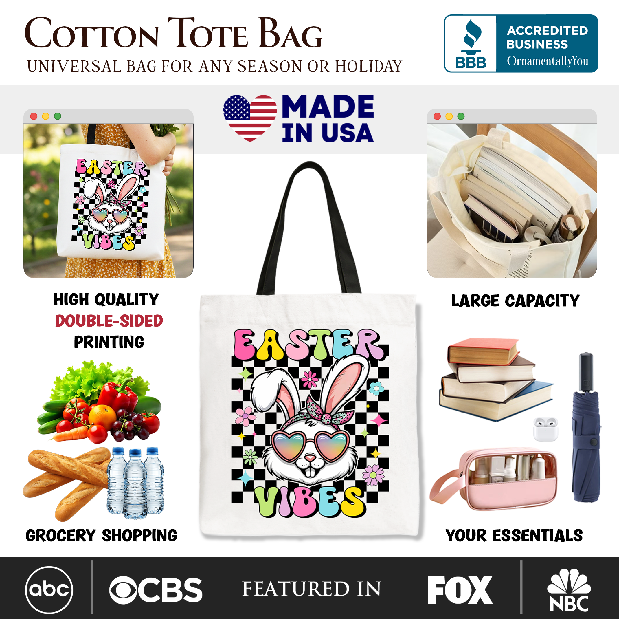 Retro Easter Bunny sunglasses tote bag by OrnamentallyYou featuring a groovy checkered pattern and playful holiday design.