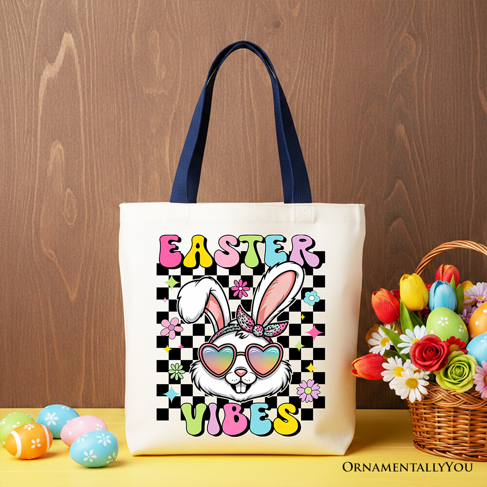 White tote bag featuring retro Easter bunny sunglasses and groovy checkered pattern, by OrnamentallyYou.