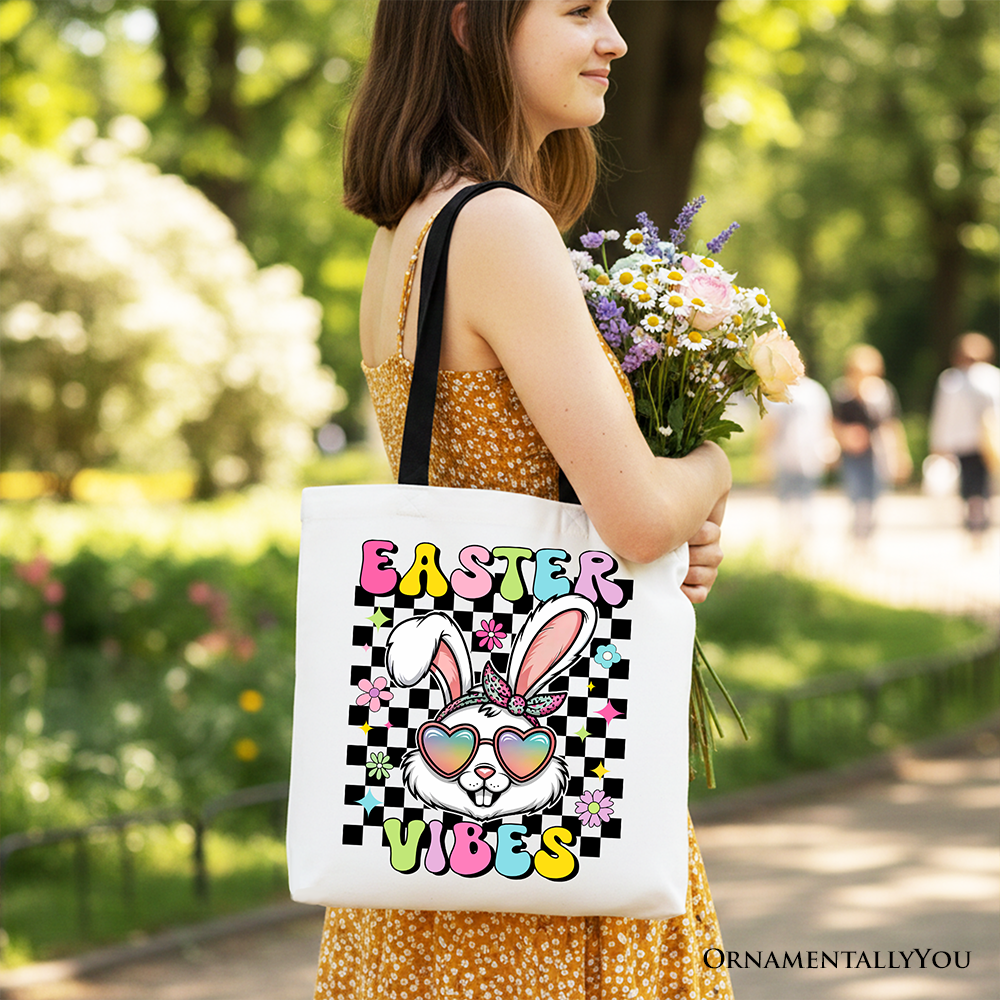 White Retro Easter Bunny sunglasses tote bag by OrnamentallyYou featuring a groovy checkered design, perfect for spring gift shopping.