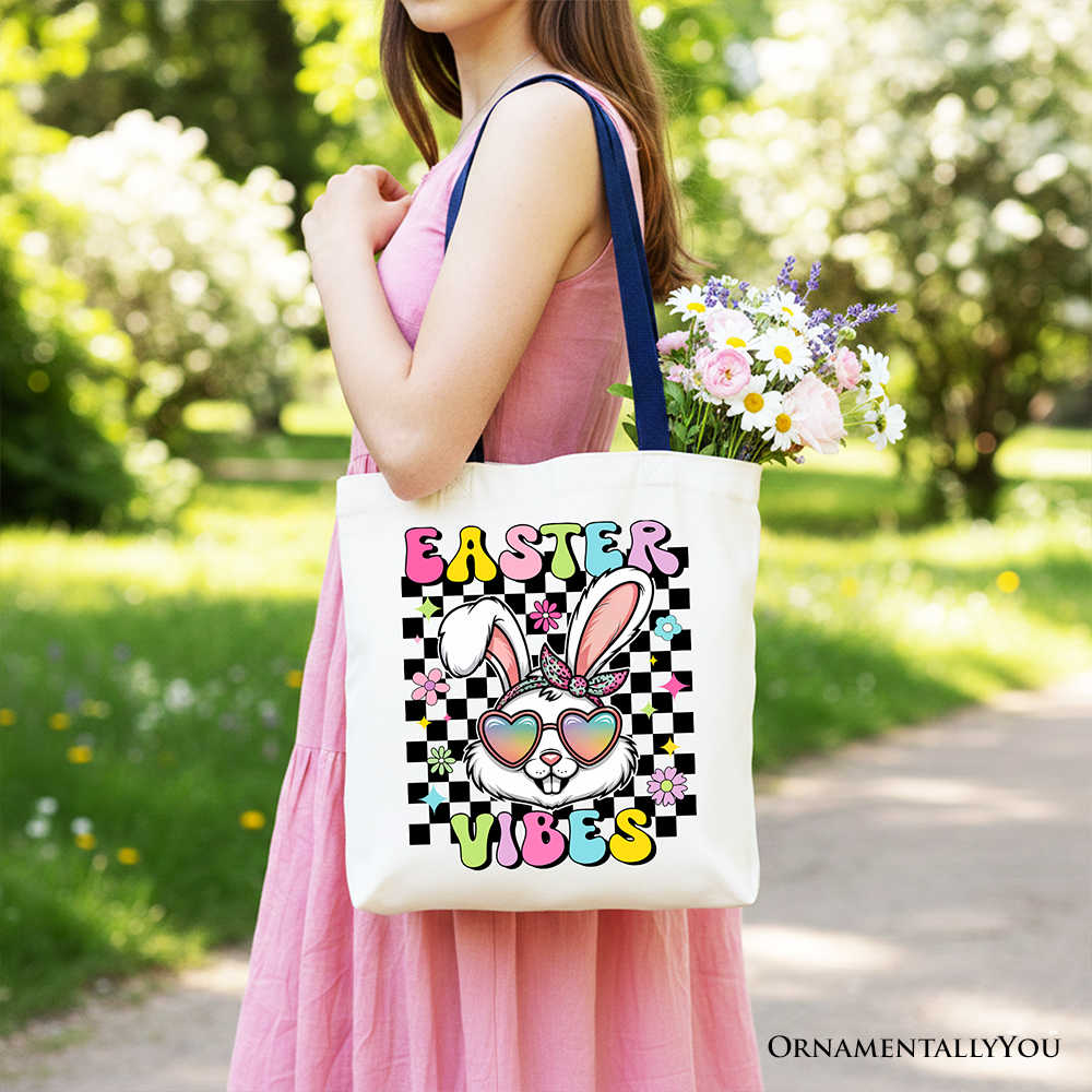 White retro Easter Bunny sunglasses tote bag by OrnamentallyYou featuring groovy checkered design for shopping or gift use.