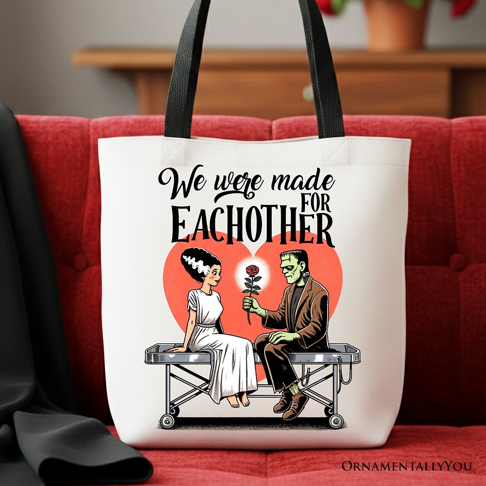 Romantic Frankenstein and Bride canvas tote bag by OrnamentallyYou, spooky couples gift bag with spooky couple illustration.