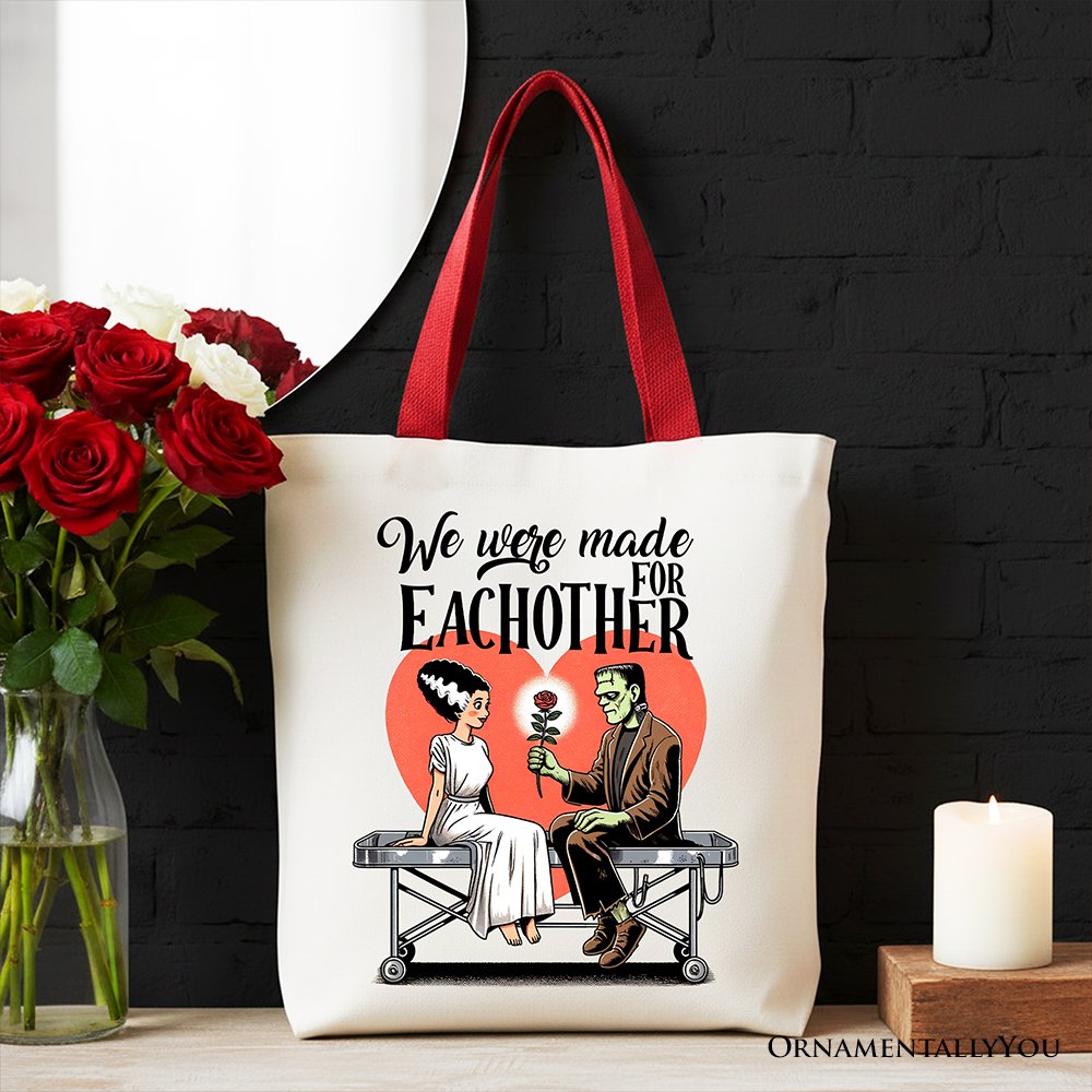 Romantic Frankenstein and Bride canvas tote bag by OrnamentallyYou, featuring spooky couple design, perfect for gift-giving.