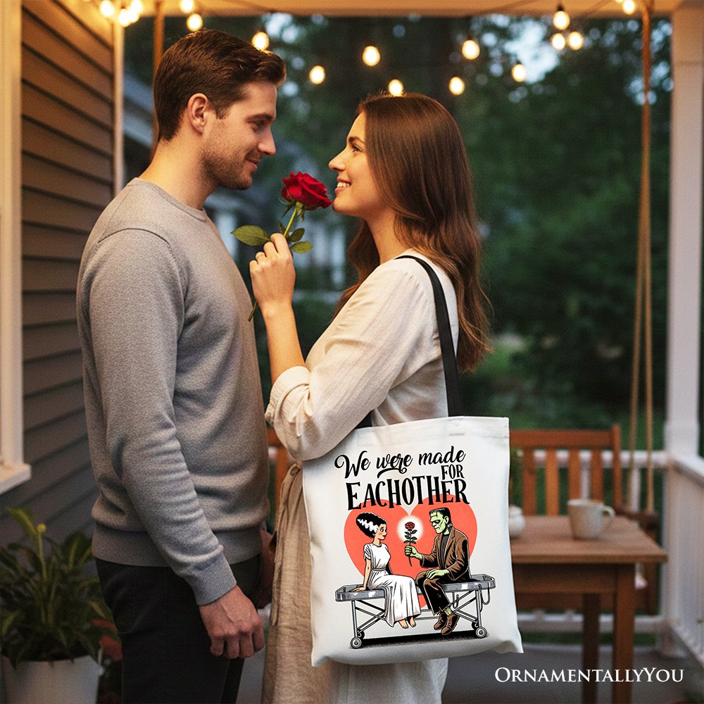 Romantic Frankenstein and Bride canvas tote bag by OrnamentallyYou featuring spooky couple design on white background.