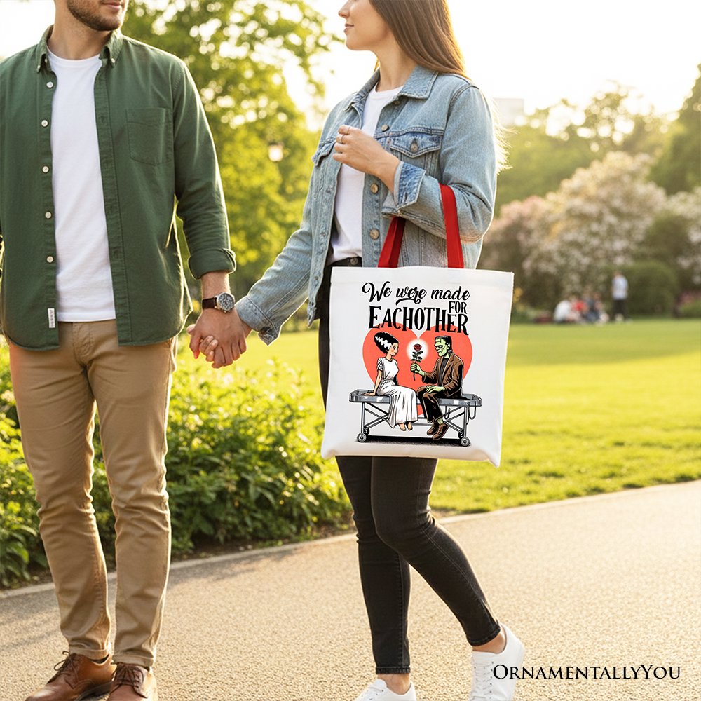 Romantic Frankenstein and Bride canvas tote bag by OrnamentallyYou, featuring spooky couple design on white fabric.
