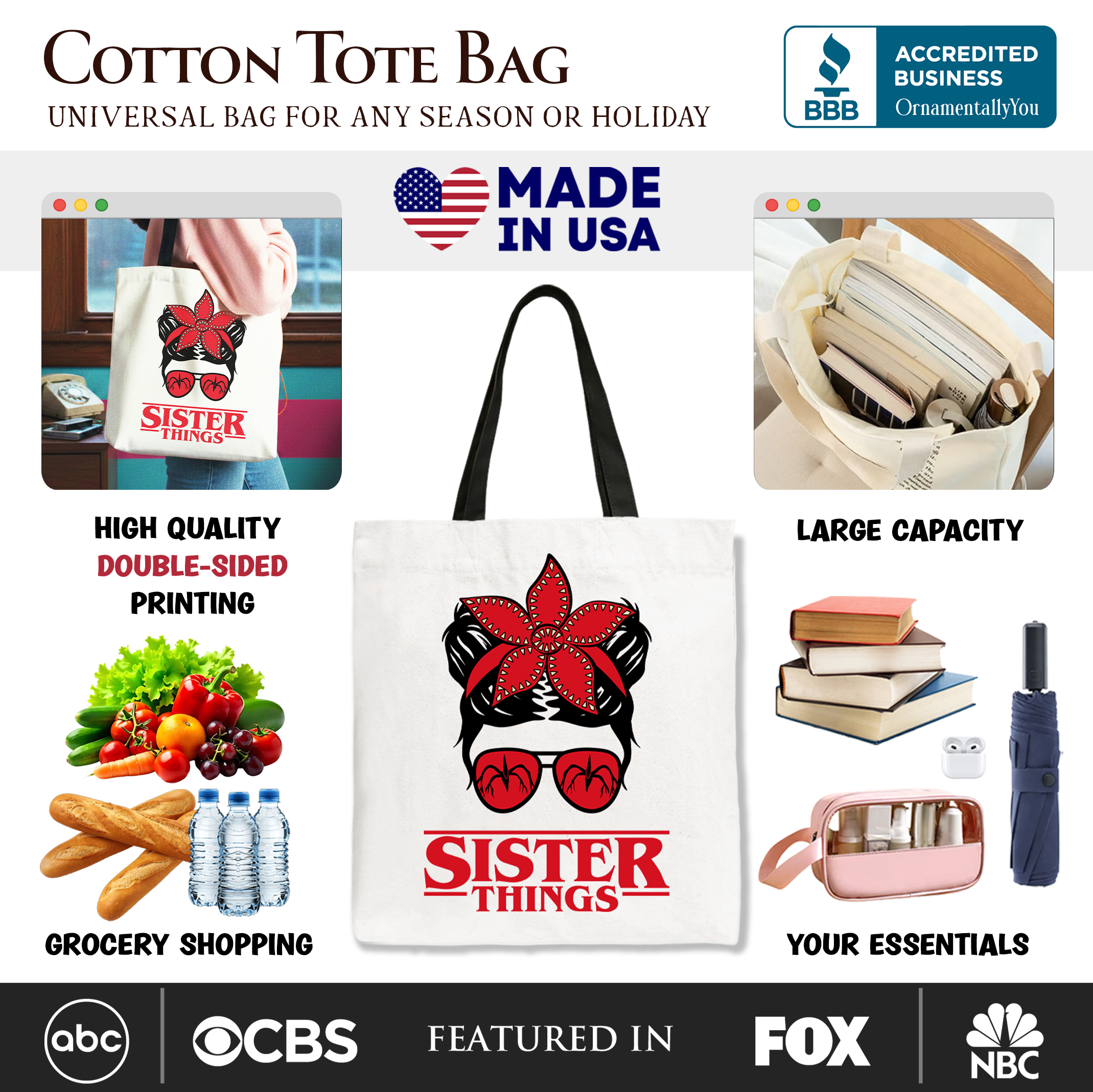 OrnamentallyYou Sister Things messy bun retro canvas tote bag with red bandana glasses design for family matching gift.