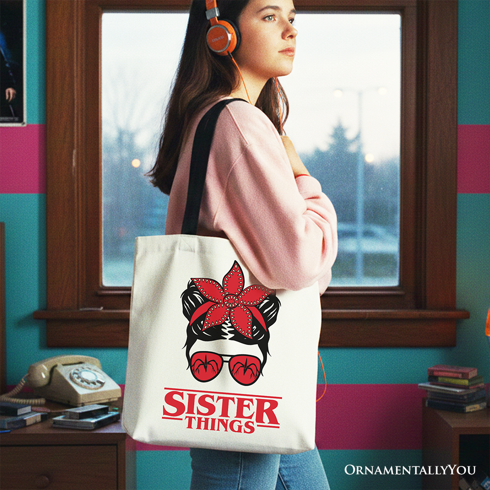 OrnamentallyYou Sister Things messy bun retro canvas tote bag with red bandana glasses design, perfect for family matching gift.