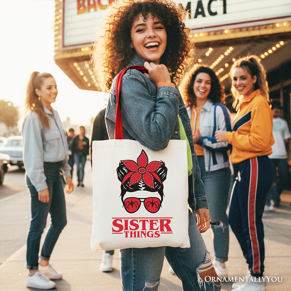OrnamentallyYou Sister Things messy bun retro canvas tote bag with red bandana glasses design, family matching gift shopper.