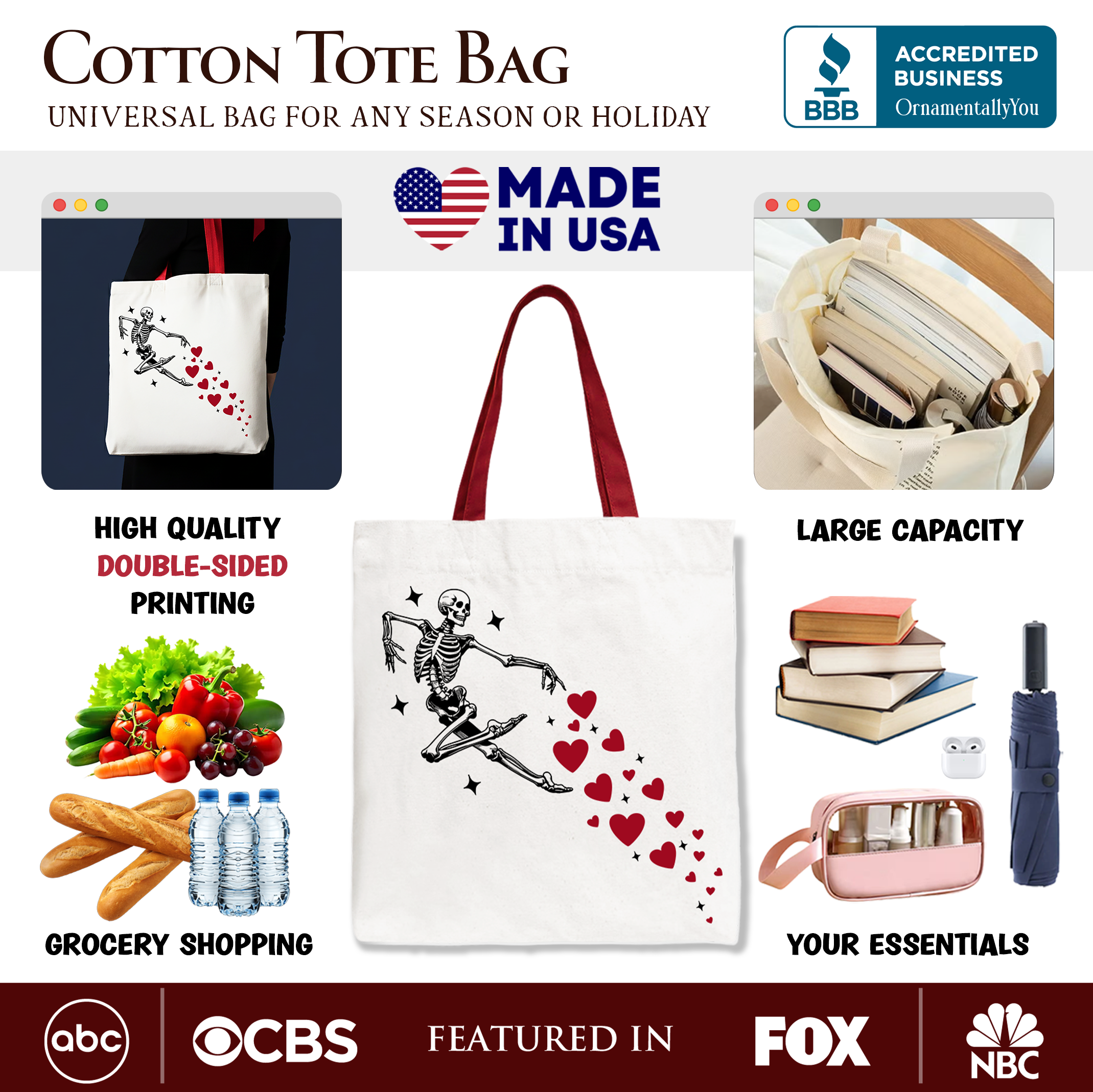 White Skeleton Hearts Valentine Tote Bag by OrnamentallyYou, playful and funny gift shopper with skeleton and heart design.