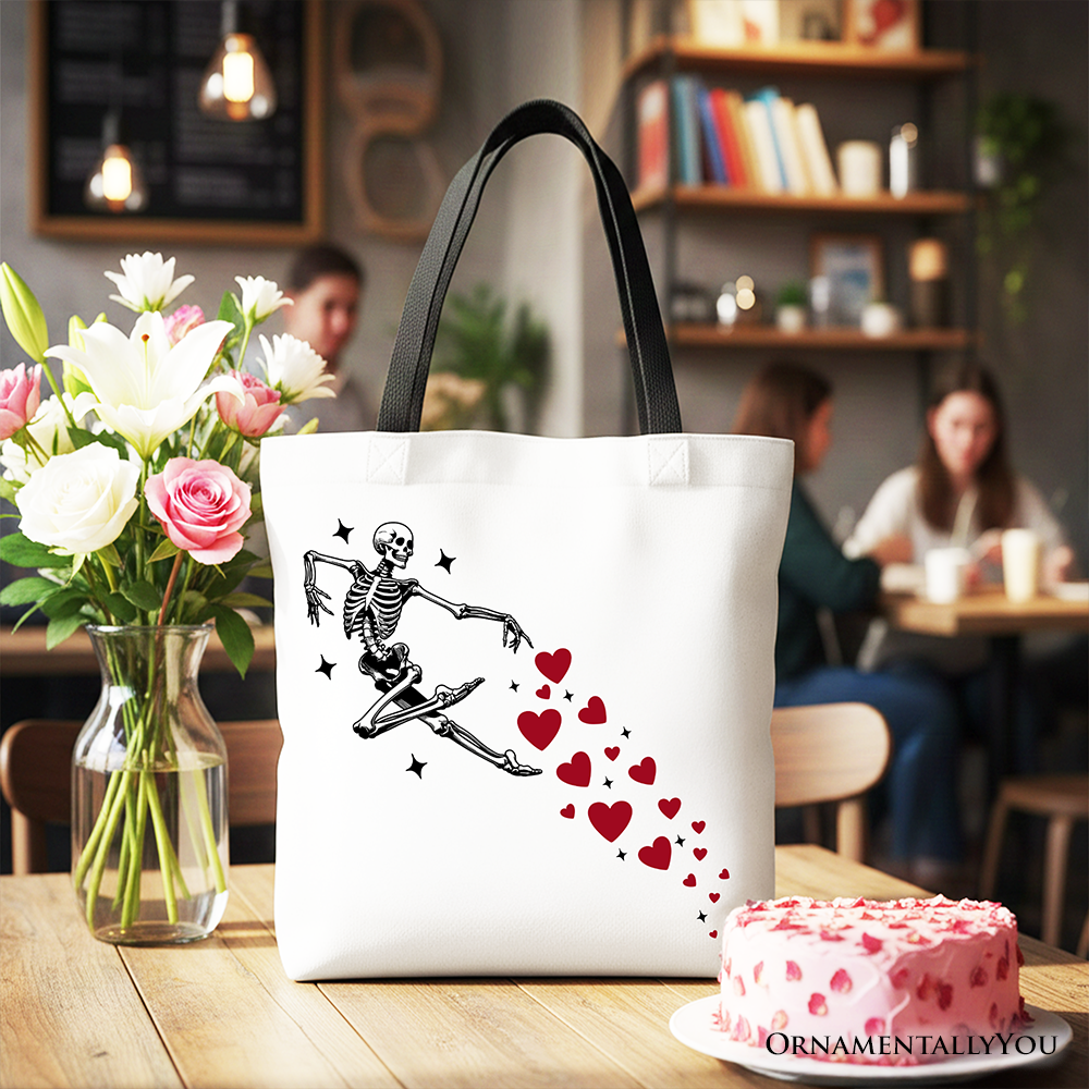White Skeleton Hearts Valentine tote bag by OrnamentallyYou, featuring playful skeleton and heart design, perfect for fun gift shopping.