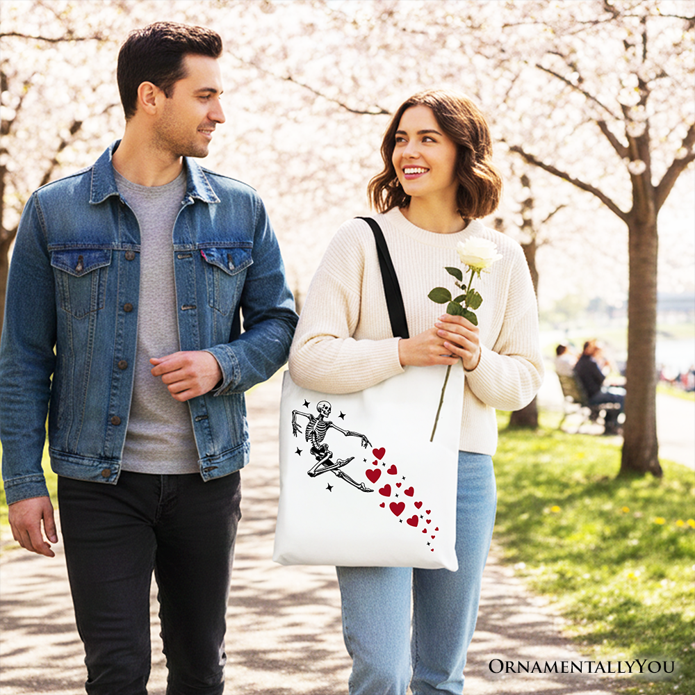 White Skeleton Hearts Valentine Tote Bag by OrnamentallyYou featuring playful skeleton heart design, perfect as a fun gift shopper.