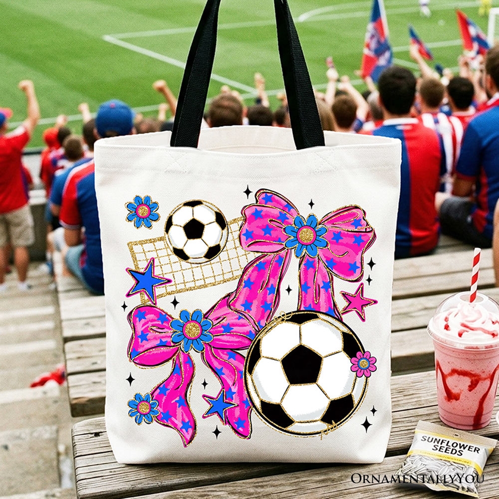 OrnamentallyYou pink bow tote bag with soccer design, perfect for preppy game day or shopping accessories.