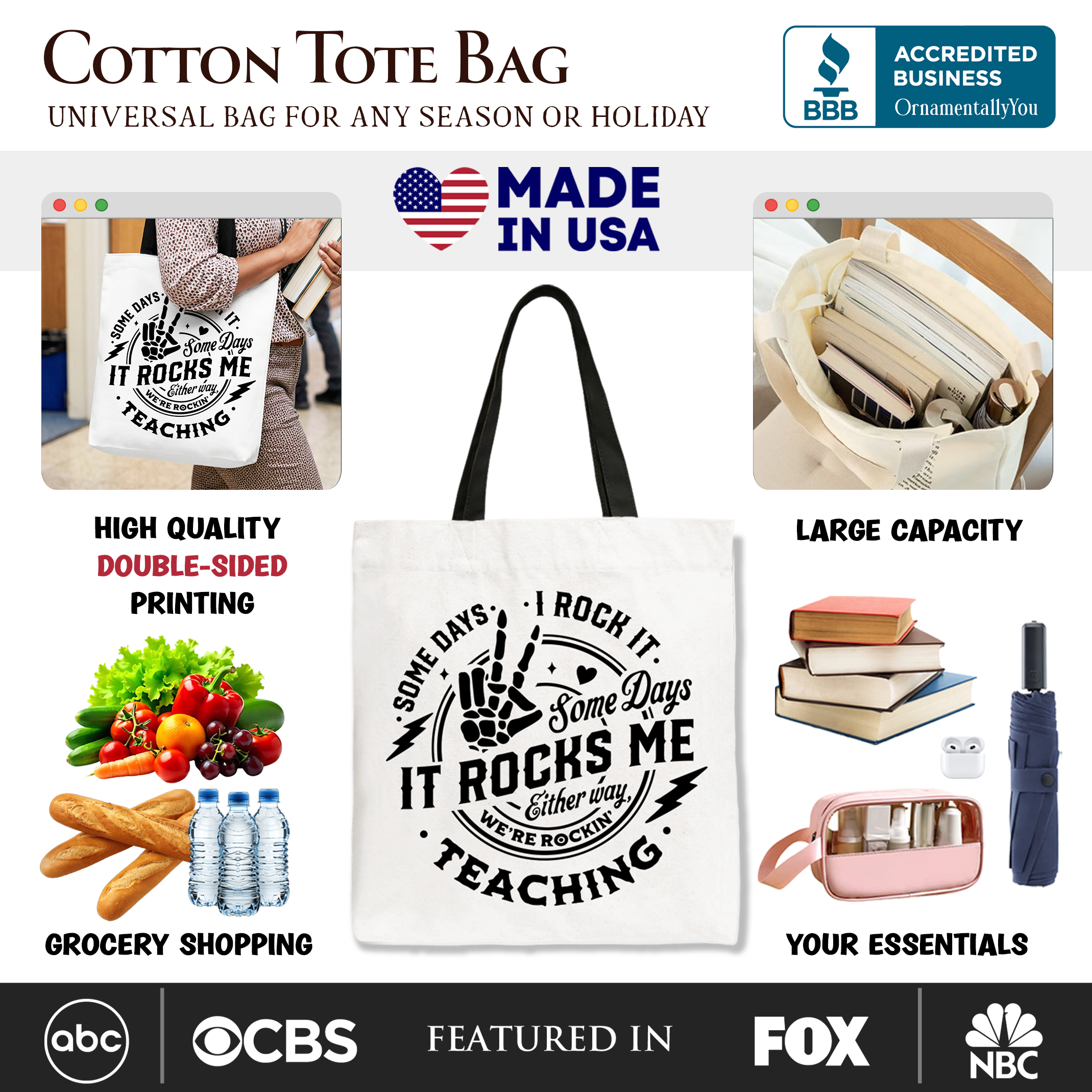 White tote bag with black text reading "Some days I rock it, some days it rocks me," designed by OrnamentallyYou, perfect for teachers.
