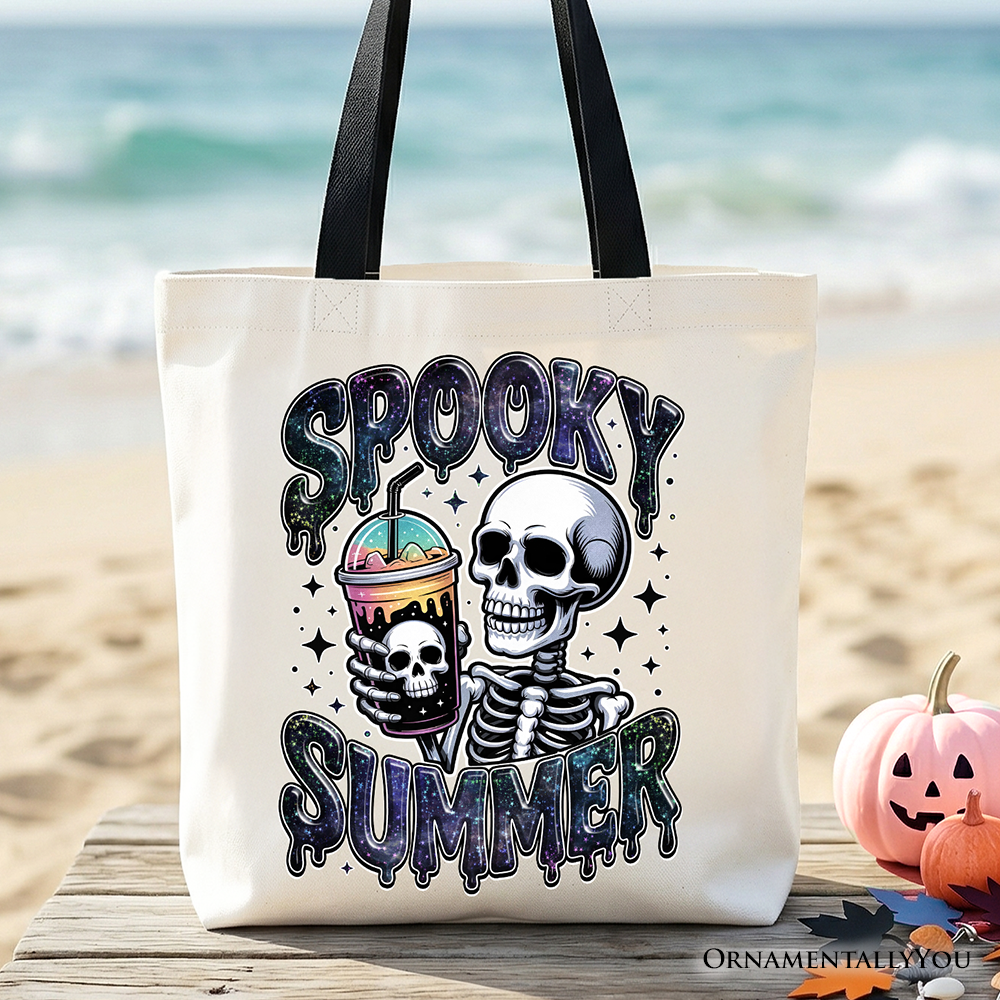 White spooky summer skeleton tote bag with snarky Halloween design, perfect for coffee lovers and horror fans.