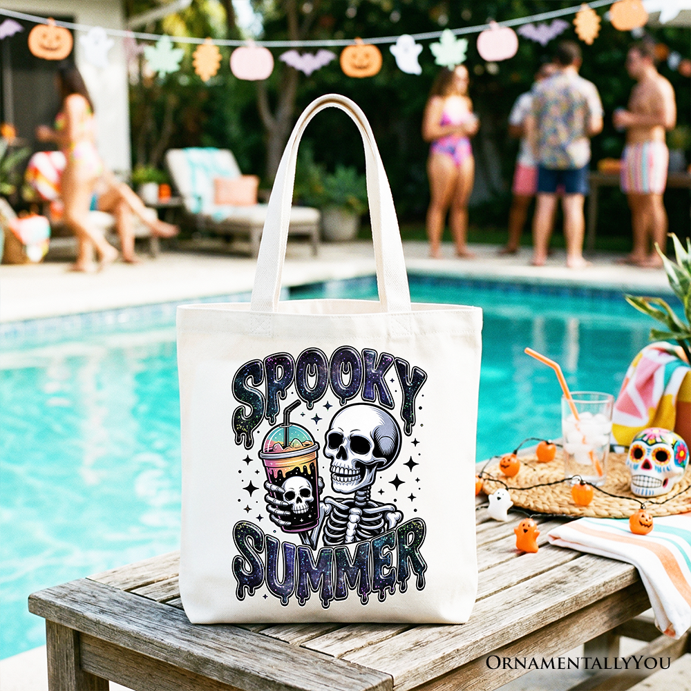 White Spooky Summer Skeleton Tote Bag by OrnamentallyYou featuring a humorous skeleton design, perfect for Halloween and horror fans.