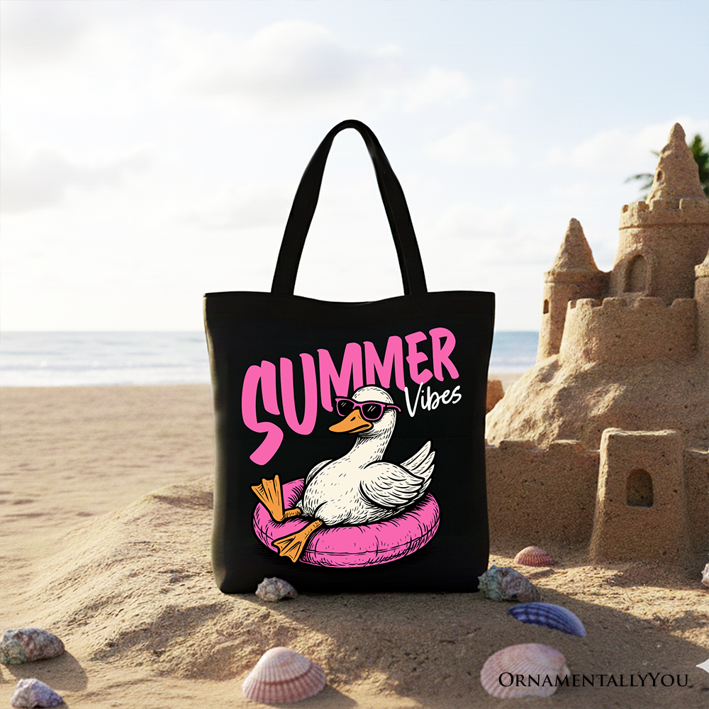 White tote bag with summer vibes goose design, perfect for beach vacations and casual shopping, by OrnamentallyYou.