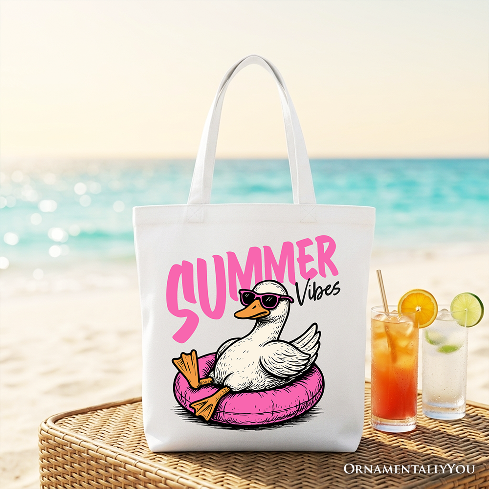 White tote bag featuring a fun summer vibes goose design, perfect for beach or vacation shopping from OrnamentallyYou.