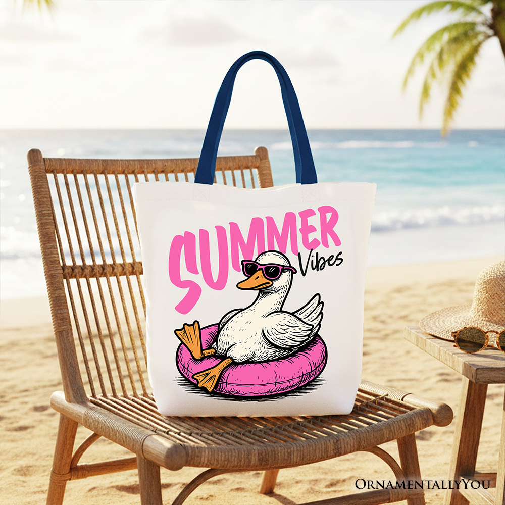 White tote bag with summer vibes goose design by OrnamentallyYou, perfect for beach trips and vacation shopping.