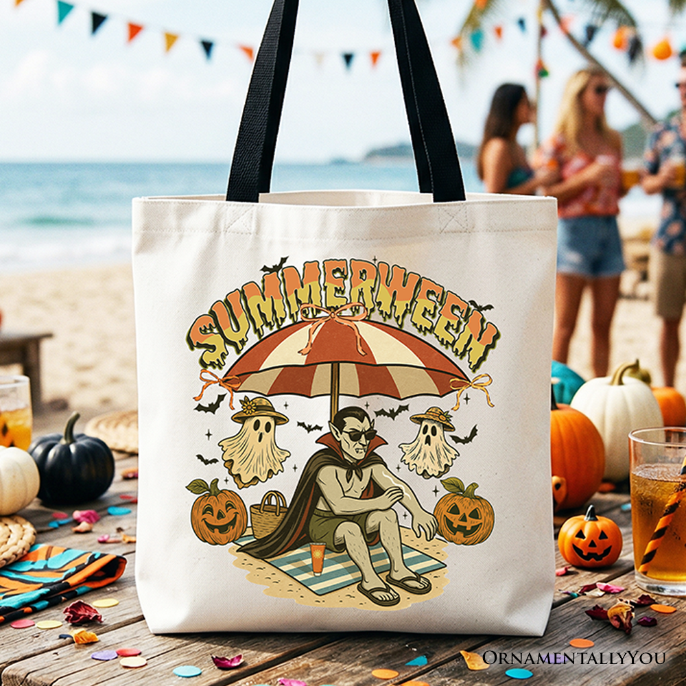 White Summerween Vampire Dracula tote bag featuring spooky horror-themed design, perfect for Halloween or summer beach outings.