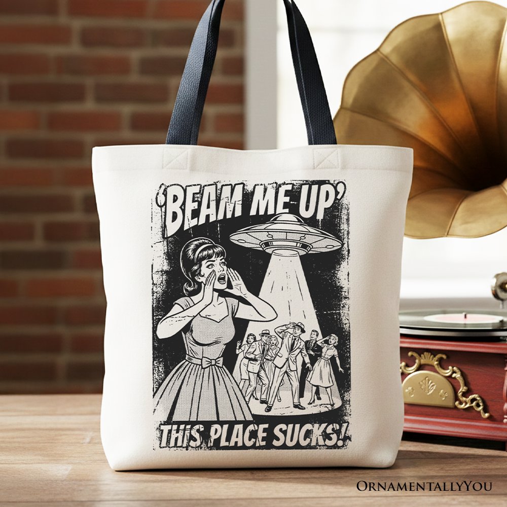 White canvas tote bag featuring UFO meme and cynical woman alien abduction retro comic design by OrnamentallyYou.