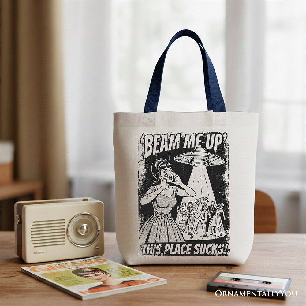 Canvas tote bag featuring UFO meme, cynical woman, alien abduction design, retro comic style, by OrnamentallyYou.