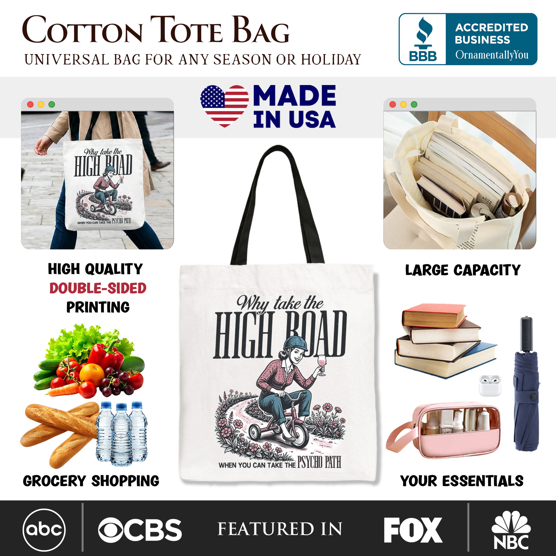 White tote bag from OrnamentallyYou with humorous “Why Take High Road Mom” sarcastic message, perfect for adult gift shopping.