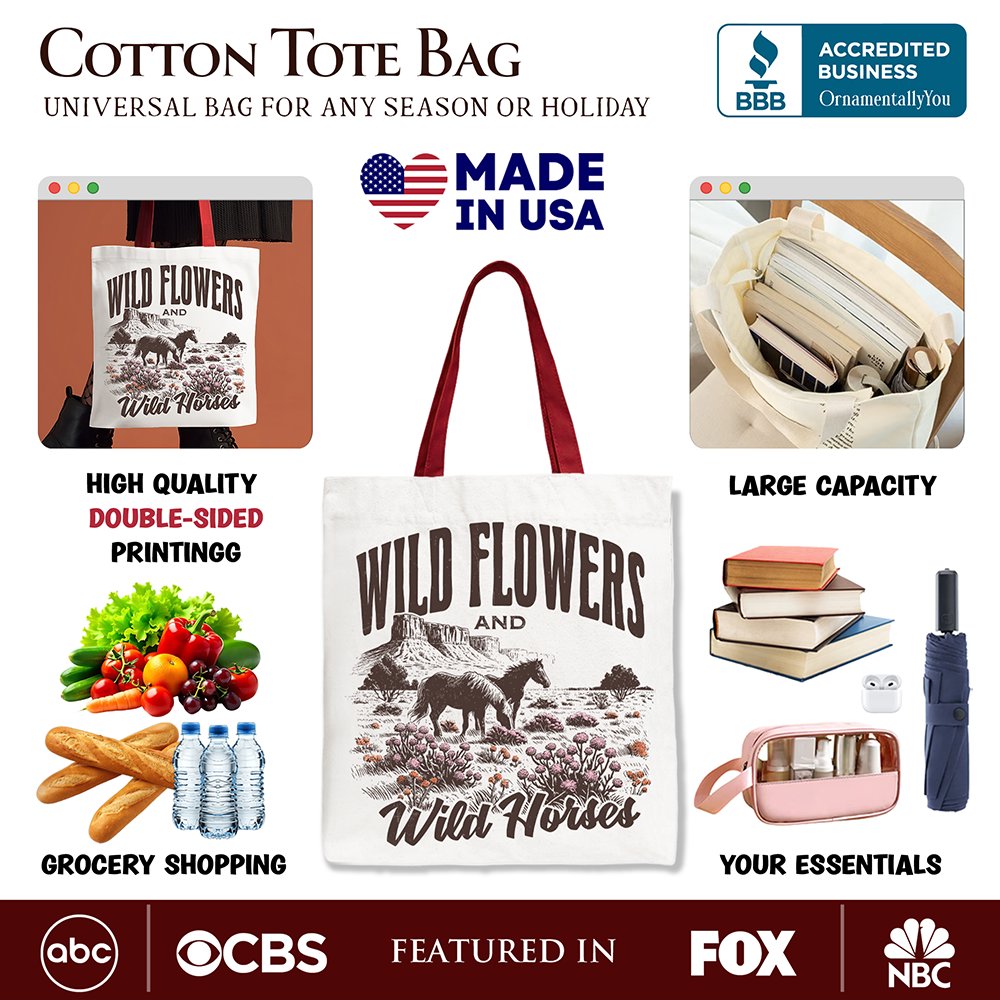 Canvas tote bag featuring wild flowers and wild horses design, by OrnamentallyYou, with a retro western style for free-spirited women.