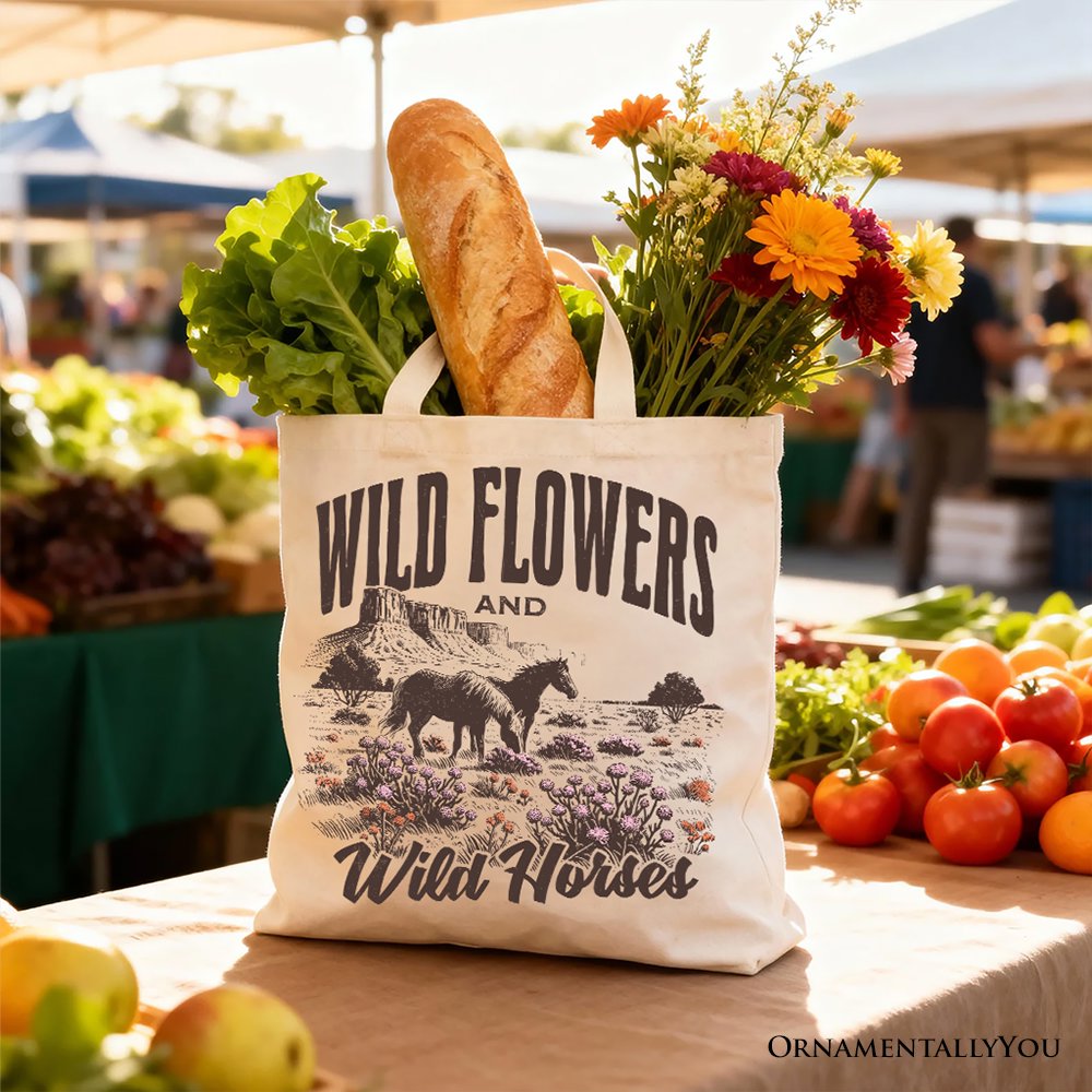 White canvas tote bag featuring wild flowers and wild horses design, perfect for free-spirited women, by OrnamentallyYou.