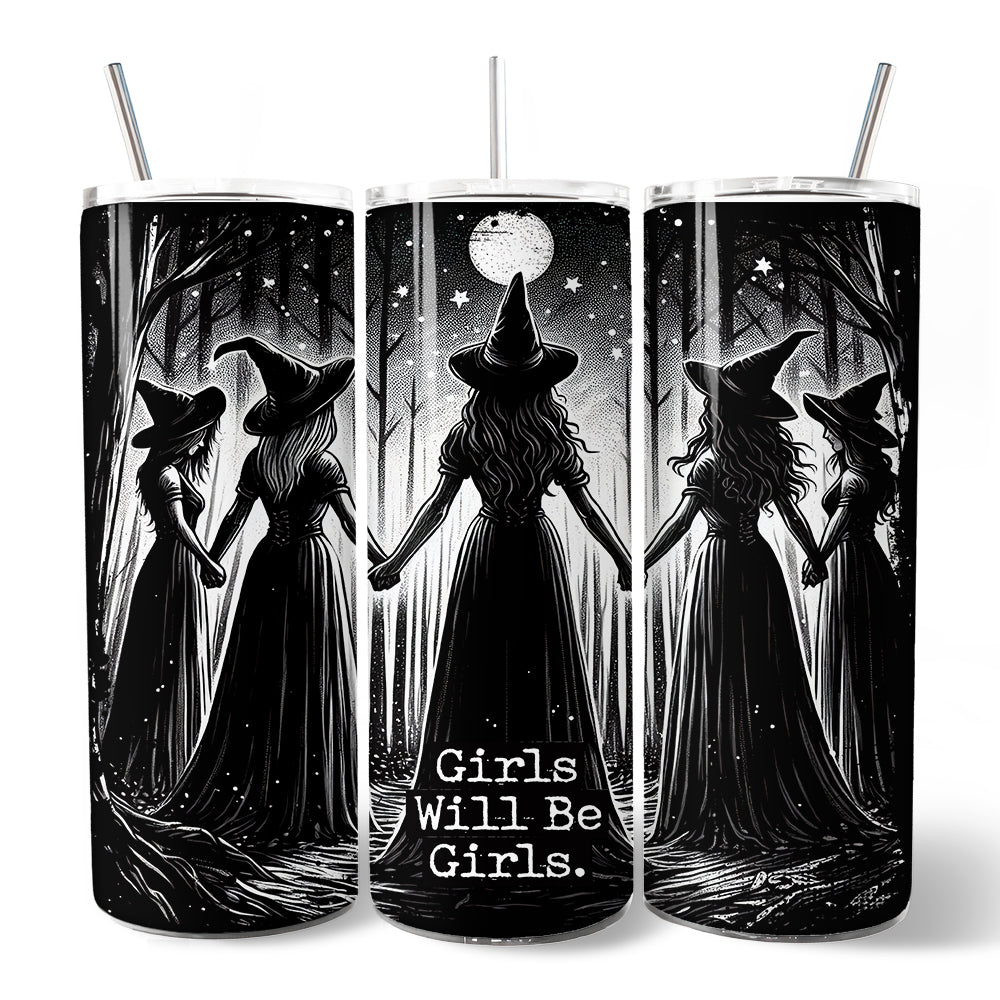 Girls Will Be Girls 20oz personalized stainless steel tumbler with lid and straw, featuring empowering spooky witch coven design.