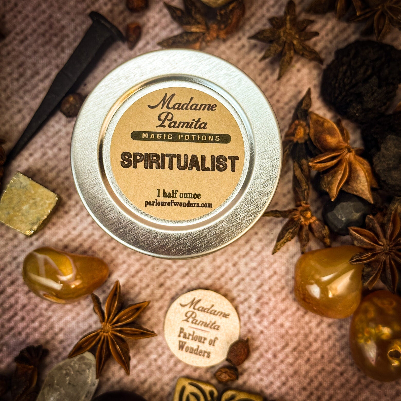 Set of 15 sachets from Parlour of Wonders Spiritualist Potion Spell Kit, featuring colorful herbal and mystical ingredients.