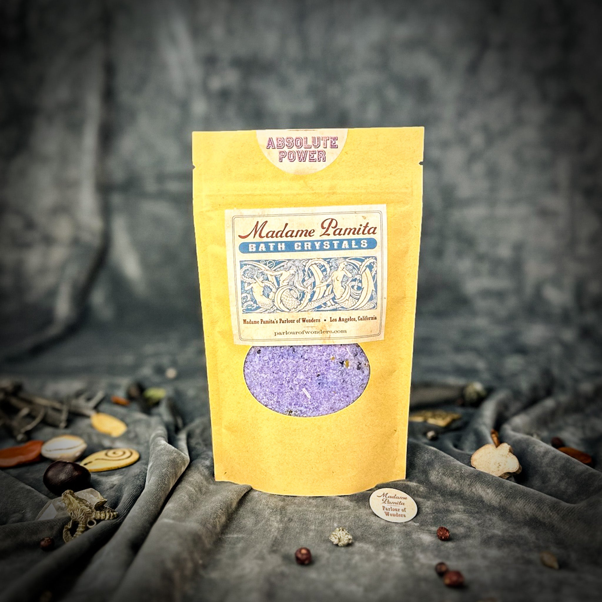 Small jar of Parlour of Wonders Absolute Power Bath Crystals with colorful crystals for relaxing bath experience