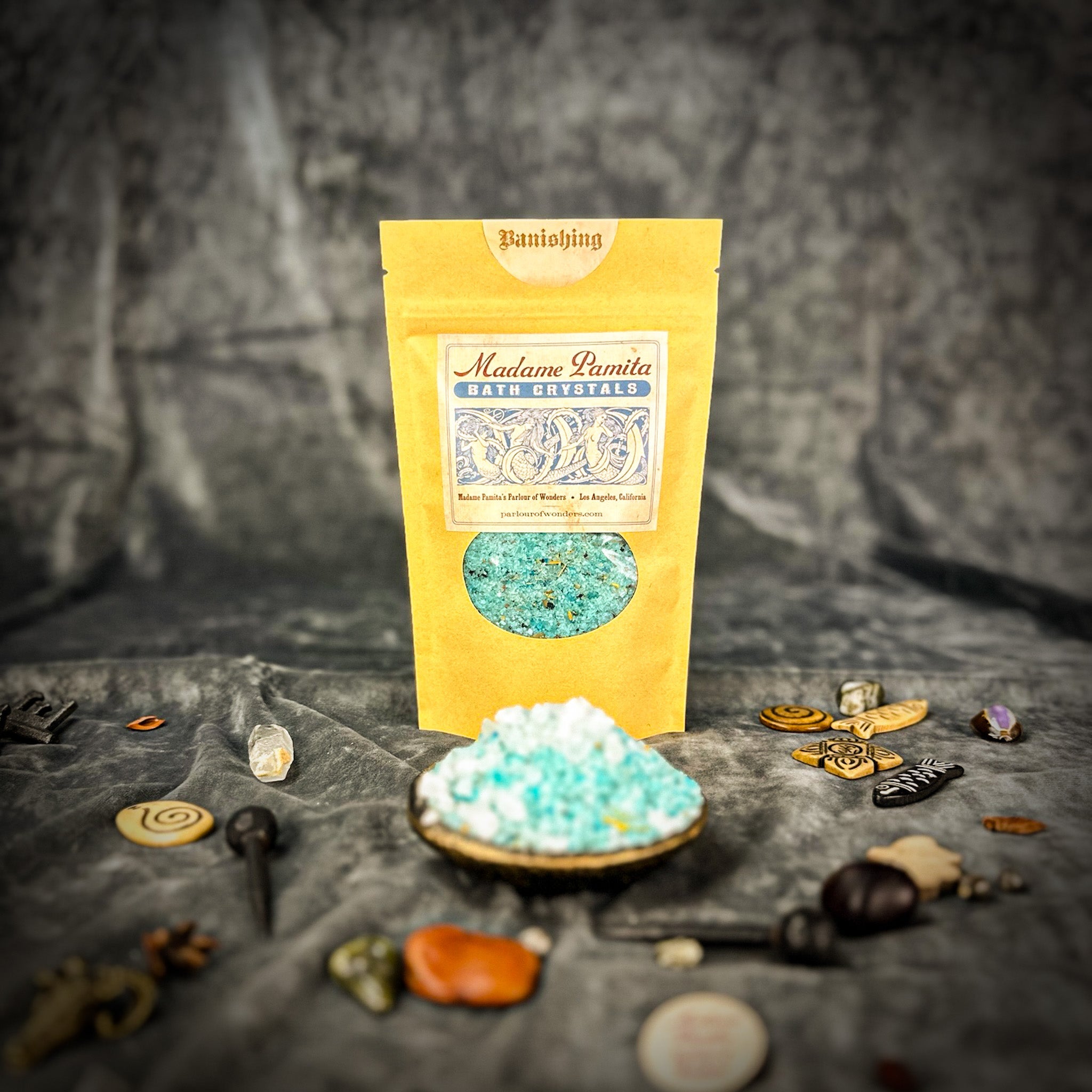 Small jar of Parlour of Wonders Banishing Bath Crystals, natural bath crystals for cleansing and relaxation.