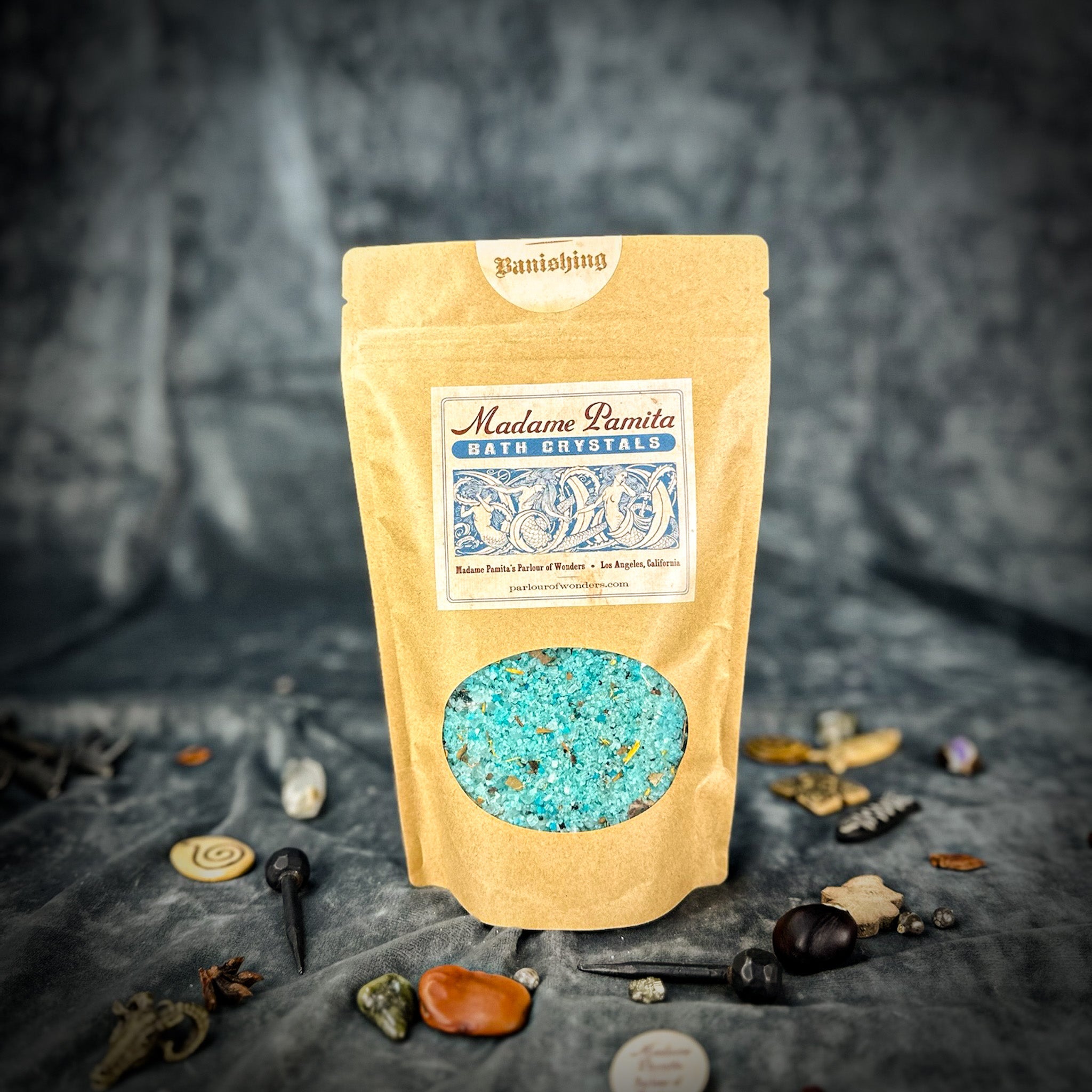 Small jar of Parlour of Wonders Banishing Bath Crystals, natural bath crystals for cleansing and relaxation.