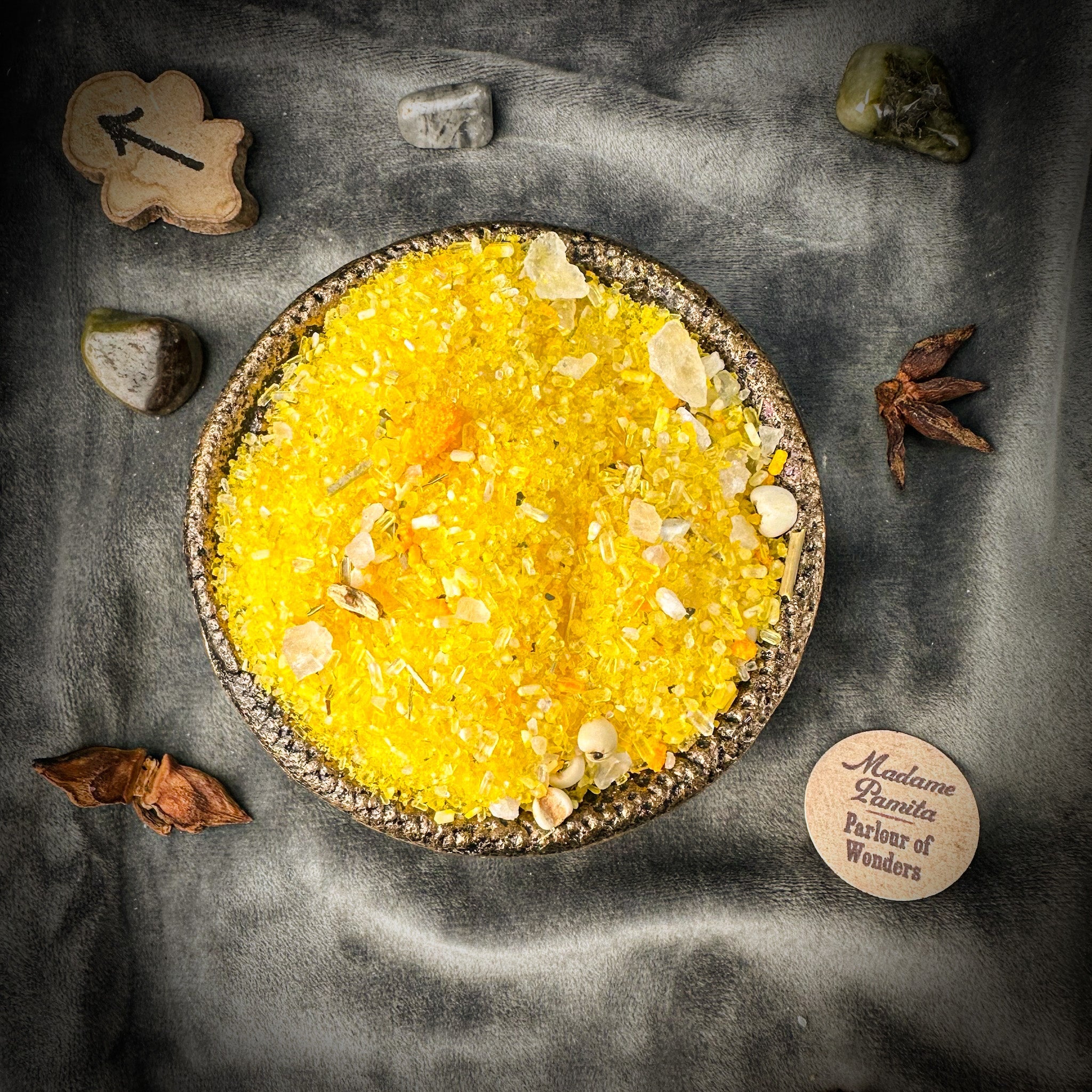 Small jar of Parlour of Wonders Bountiful Blessings Bath Crystals with colorful crystals and natural ingredients for relaxing baths.