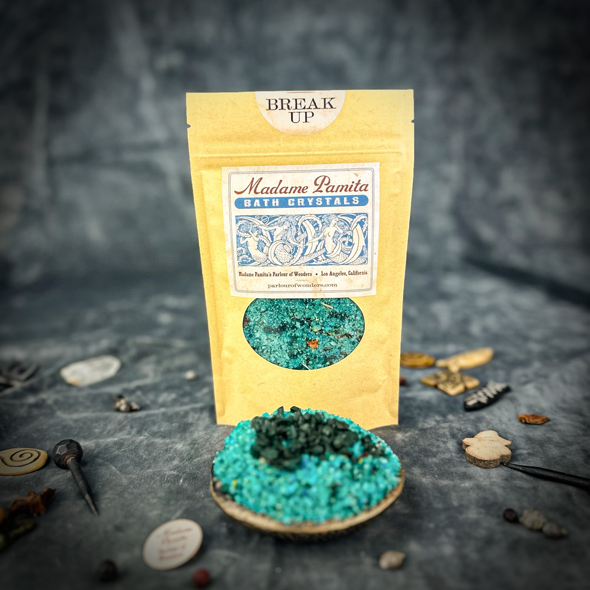 Small jar of Parlour of Wonders Break Up Bath Crystals with colorful crystals for relaxing bath soak.