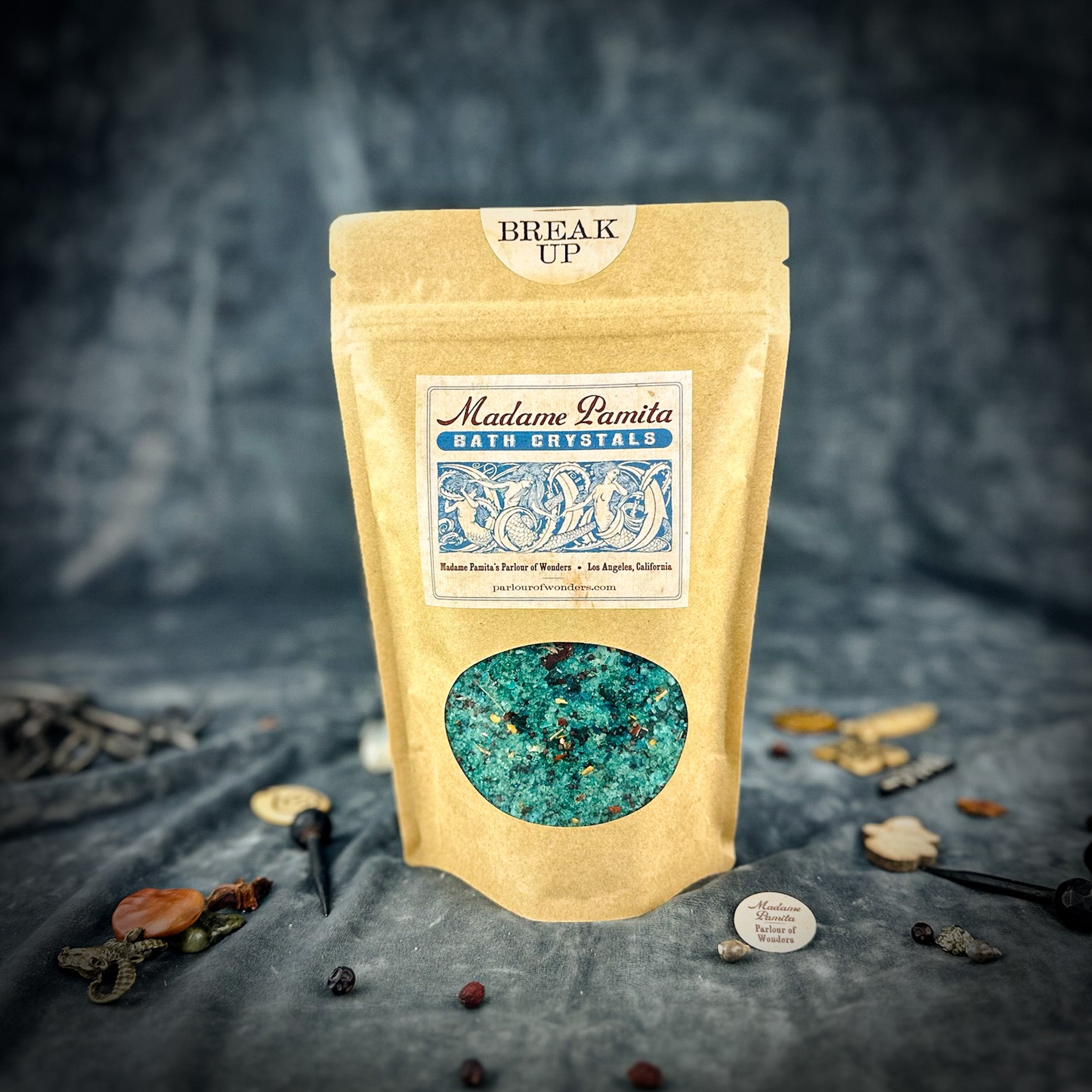 Small jar of Parlour of Wonders Break Up Bath Crystals, fragrant bath crystals for relaxing bath experience.