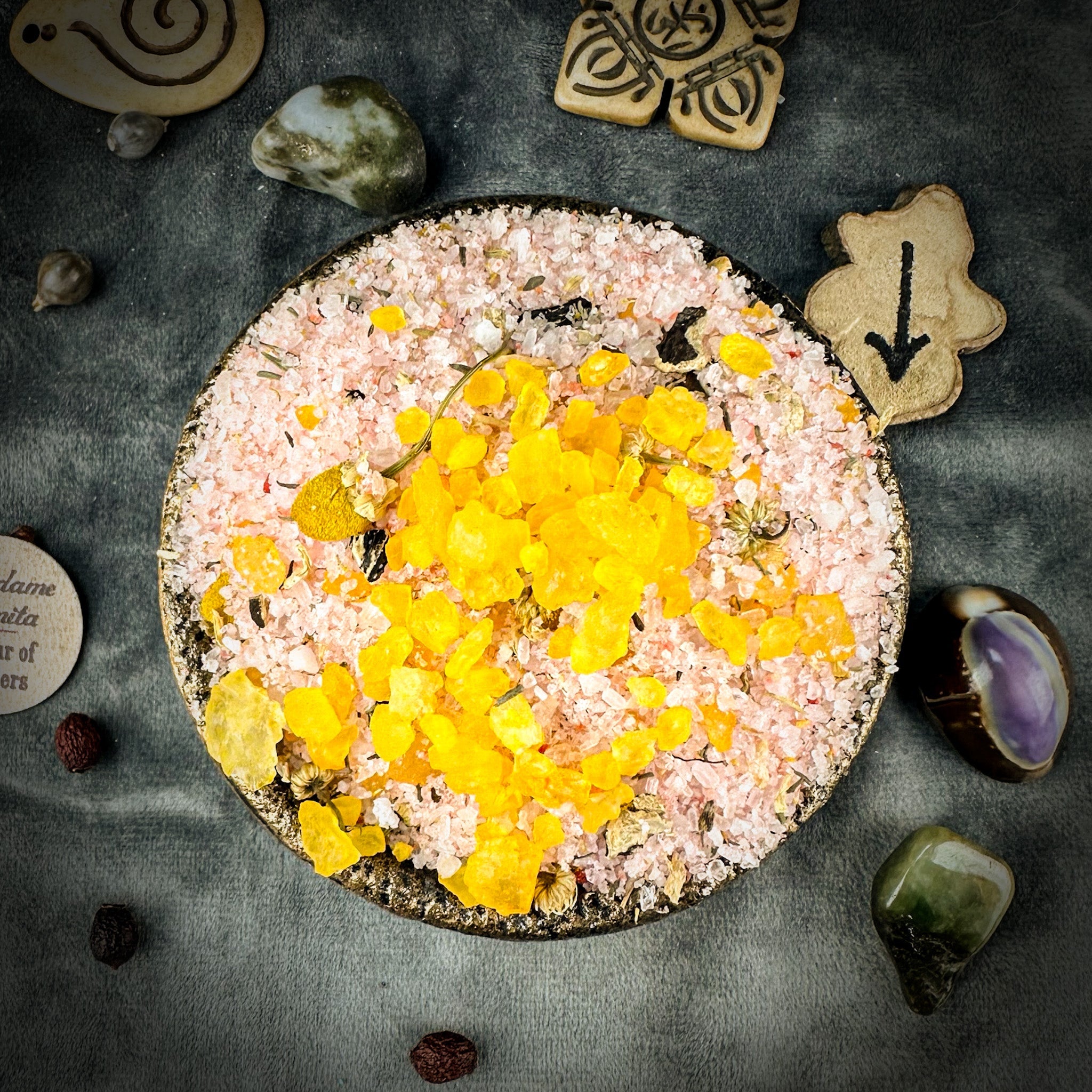Parlour of Wonders Dragon's Blood Bath Crystals in a jar, showing deep red crystals for a luxurious bath experience