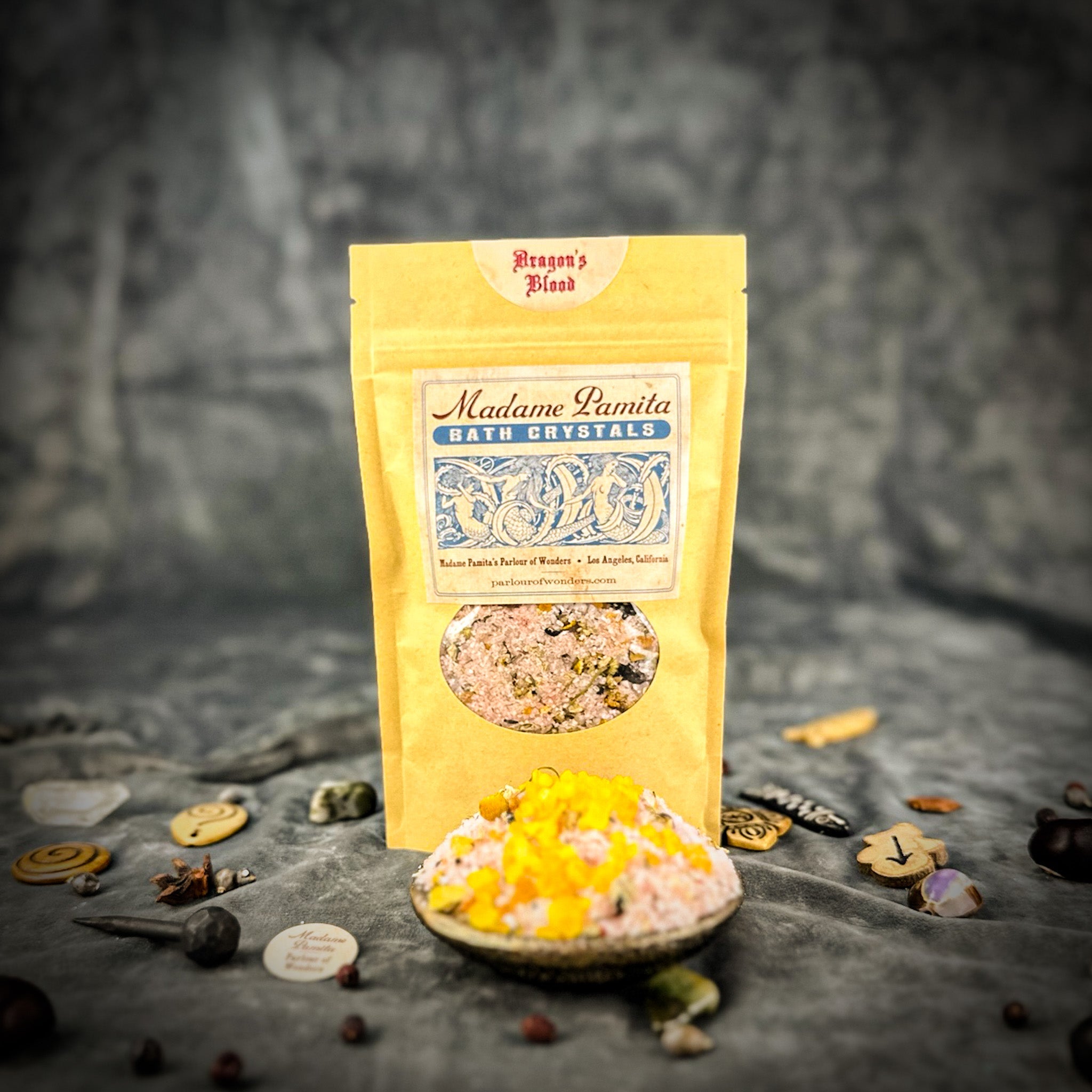 Parlour of Wonders Dragon's Blood Bath Crystals in a jar, showcasing deep red crystals for luxurious bath experience.