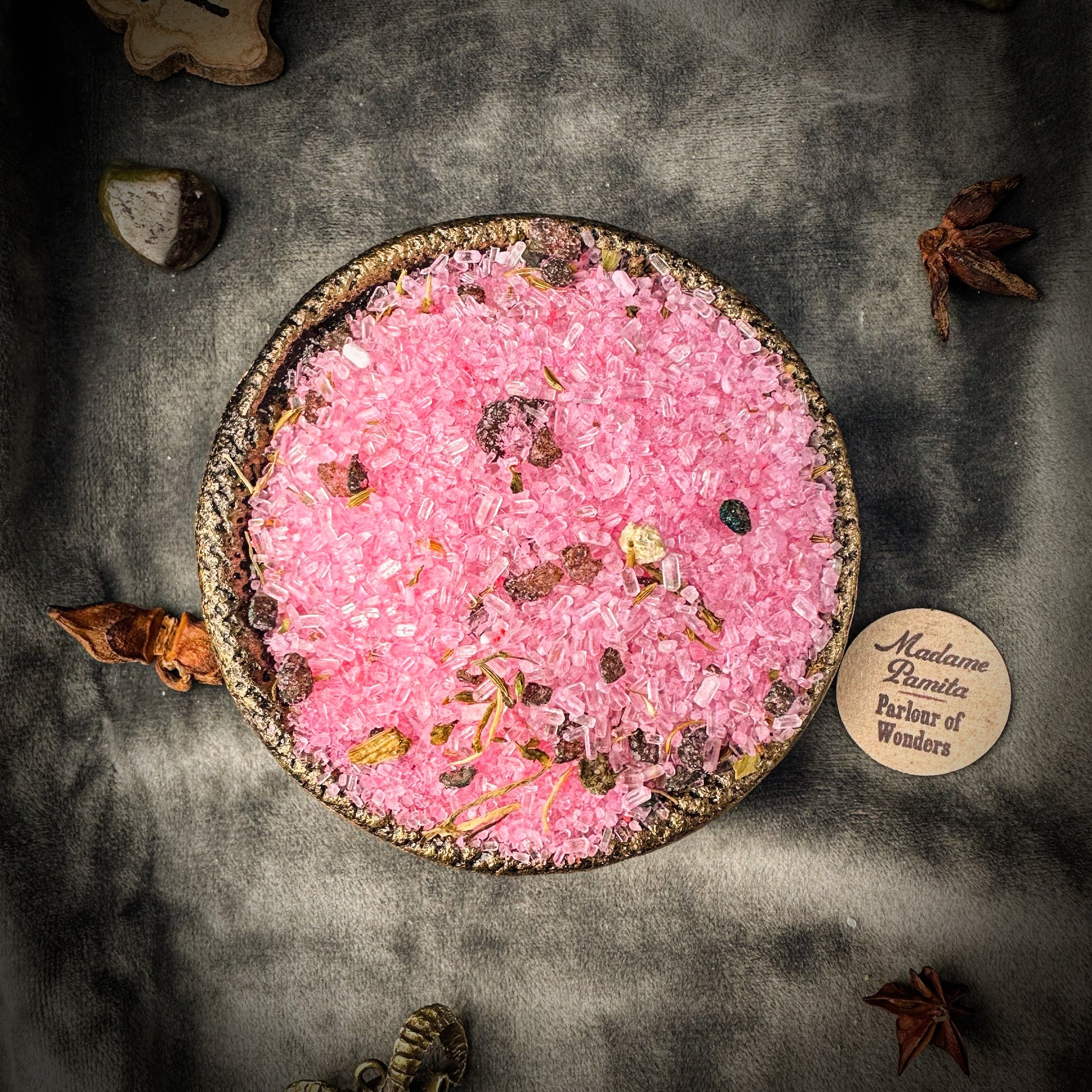 Small jar of Faithful Marriage Bath Crystals by Parlour of Wonders, showing colorful crystalline bath salts in clear container.