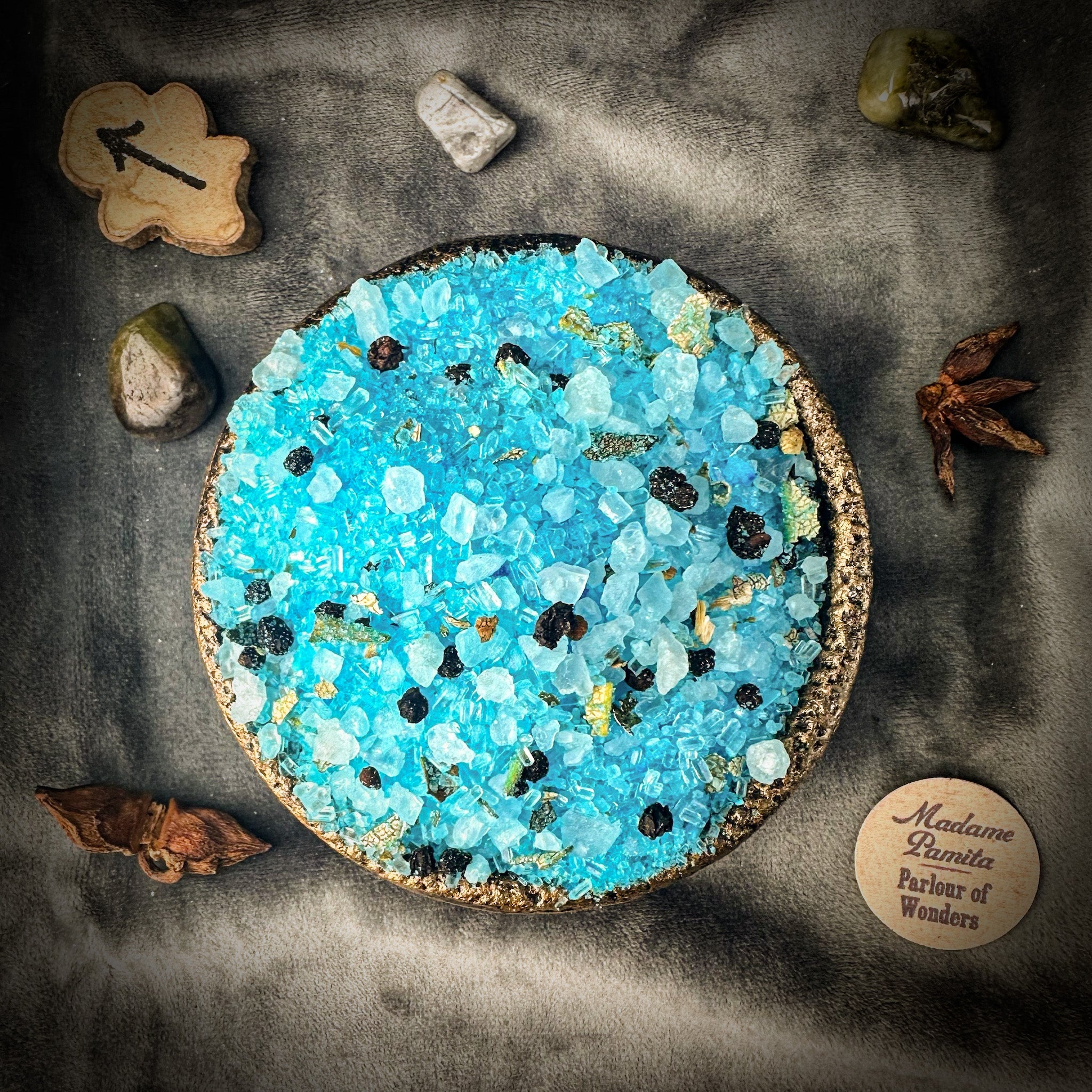Small jar of Holy Healing Bath Crystals by Parlour of Wonders, featuring colorful bath crystals for relaxing bath experience.