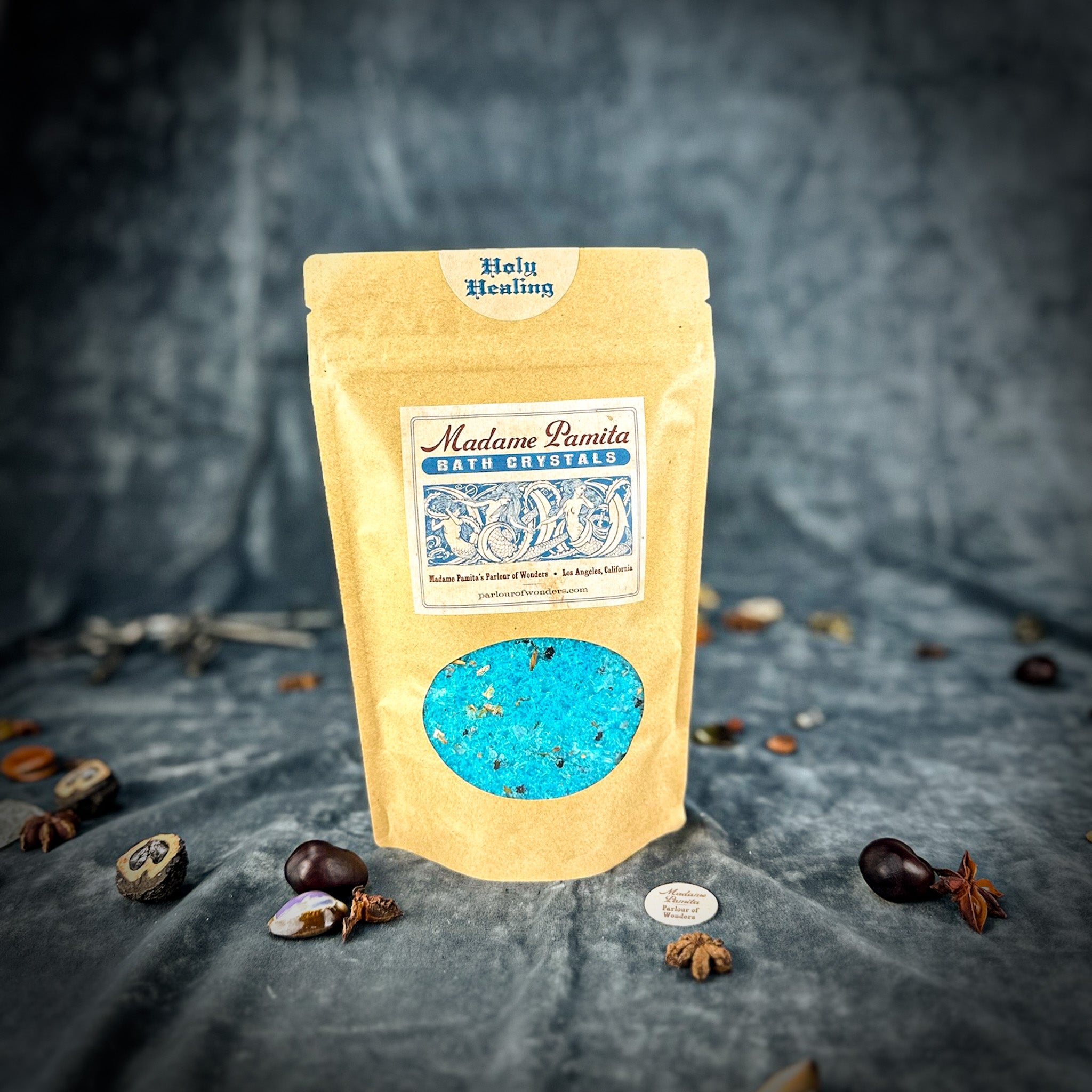 Small jar of Parlour of Wonders Holy Healing Bath Crystals, natural bath crystals for relaxing and healing baths.